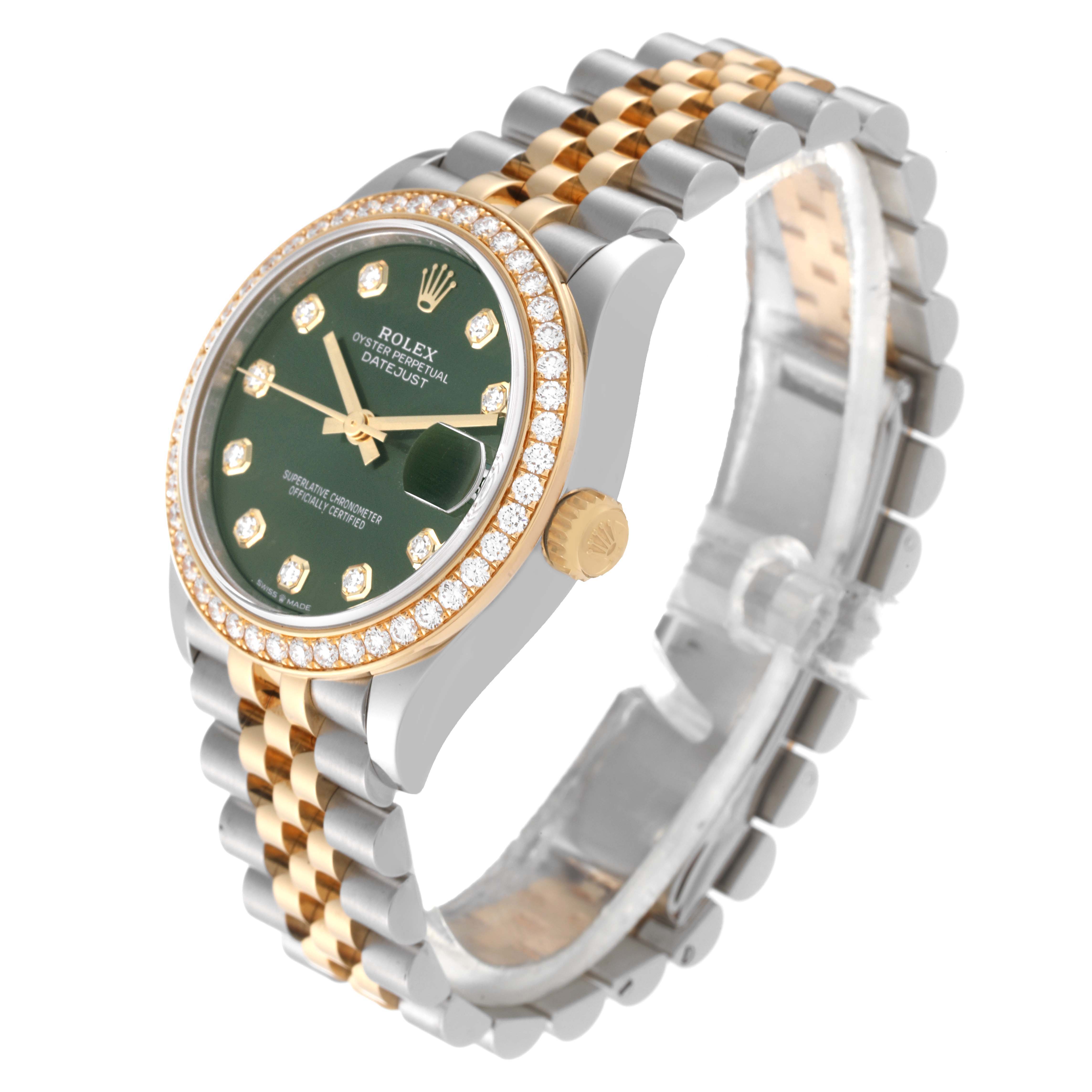 This image shows a Rolex Mid-Size 278383 Women's Steel and Gold (two tone) Green Dial 278383 Women's Steel and Gold (two tone) Green Dial Datejust watch angled from the top right, highlighting the bezel, face, and bracelet.