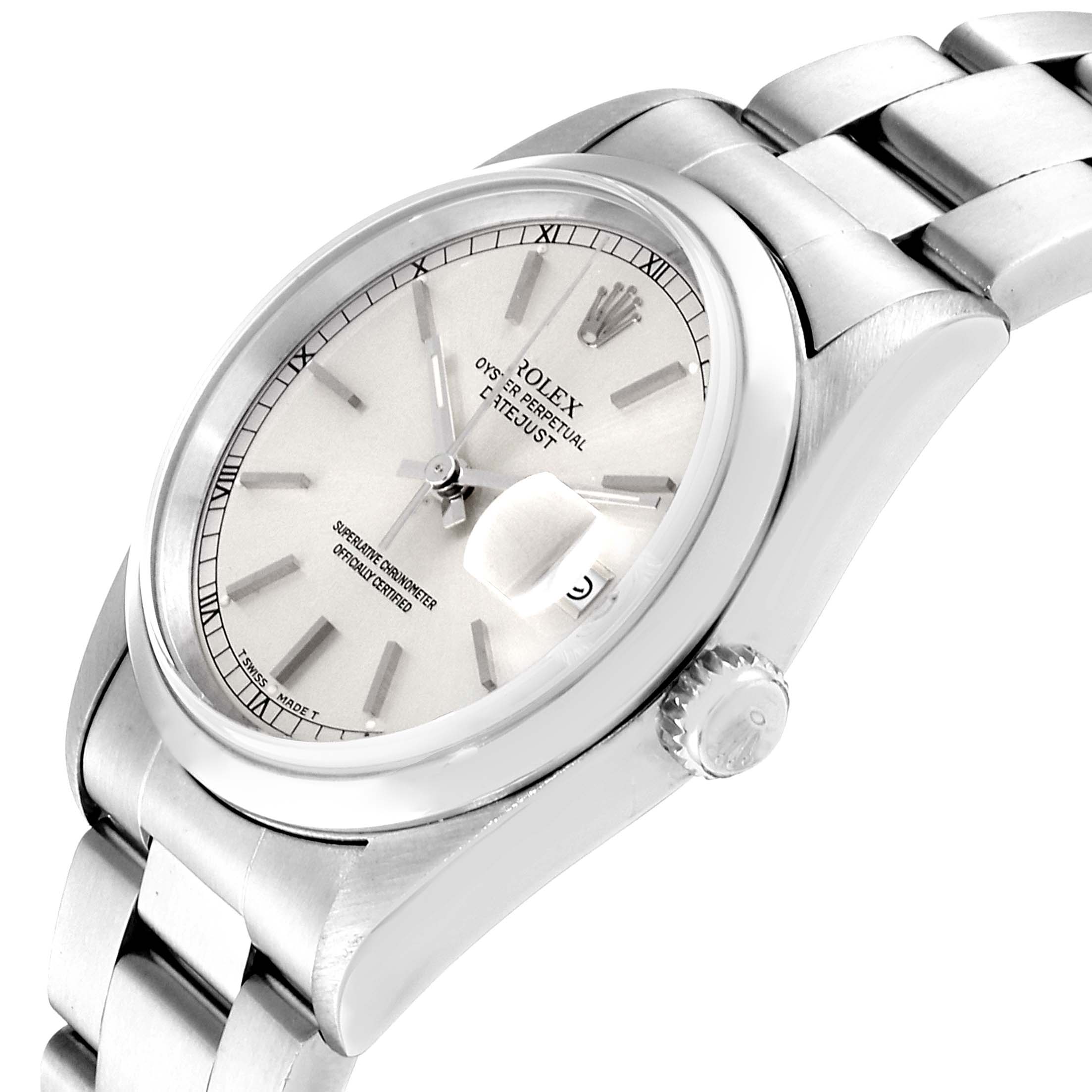 The Rolex Datejust 16200 Men's Stainless Steel Silver Dial 16200 Men's Stainless Steel Silver Dial watch is shown at a slight angle, displaying the face, crown, and part of the bracelet.