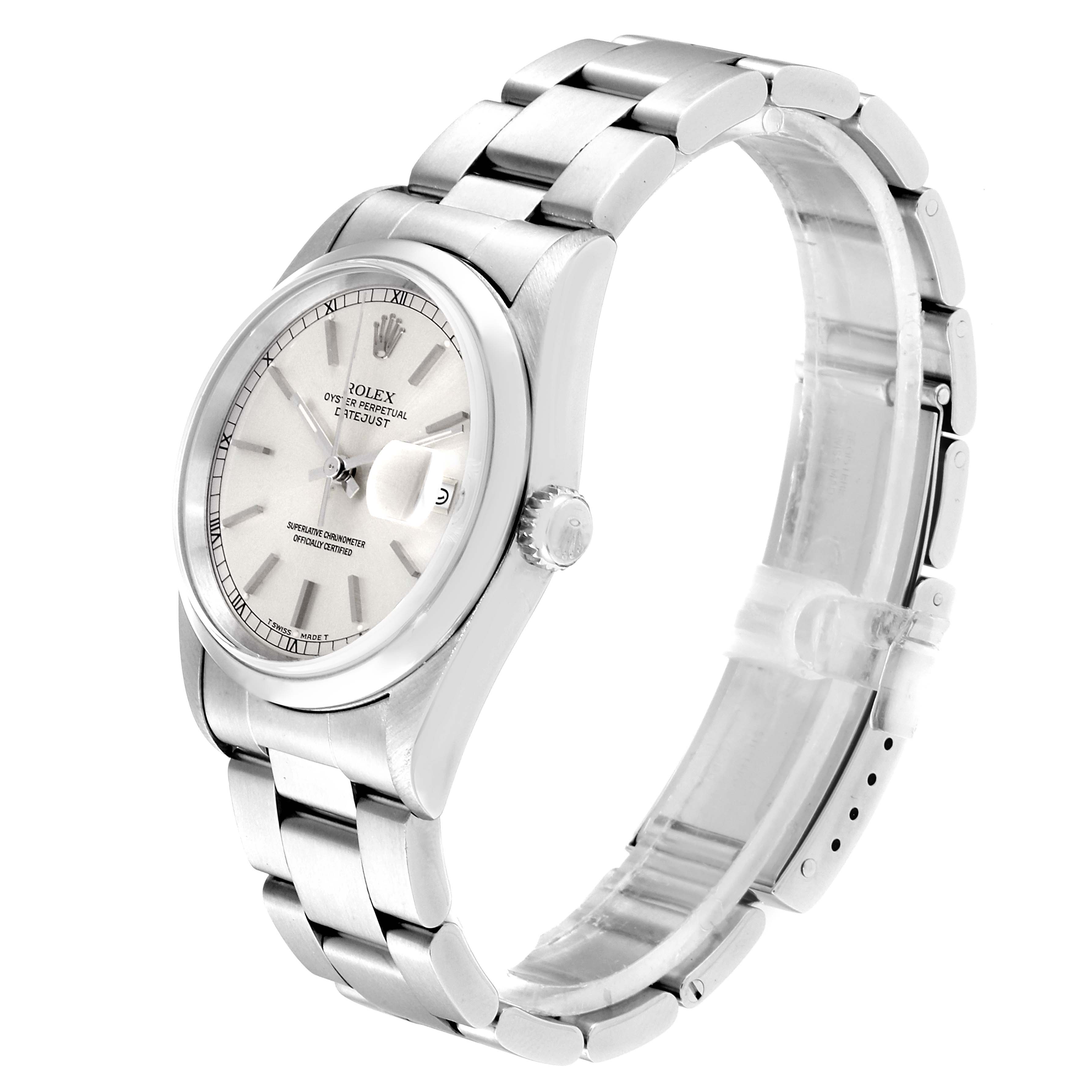 The Rolex Datejust 16200 Men's Stainless Steel Silver Dial 16200 Men's Stainless Steel Silver Dial watch is shown at an angle displaying its face, bezel, crown, and bracelet.