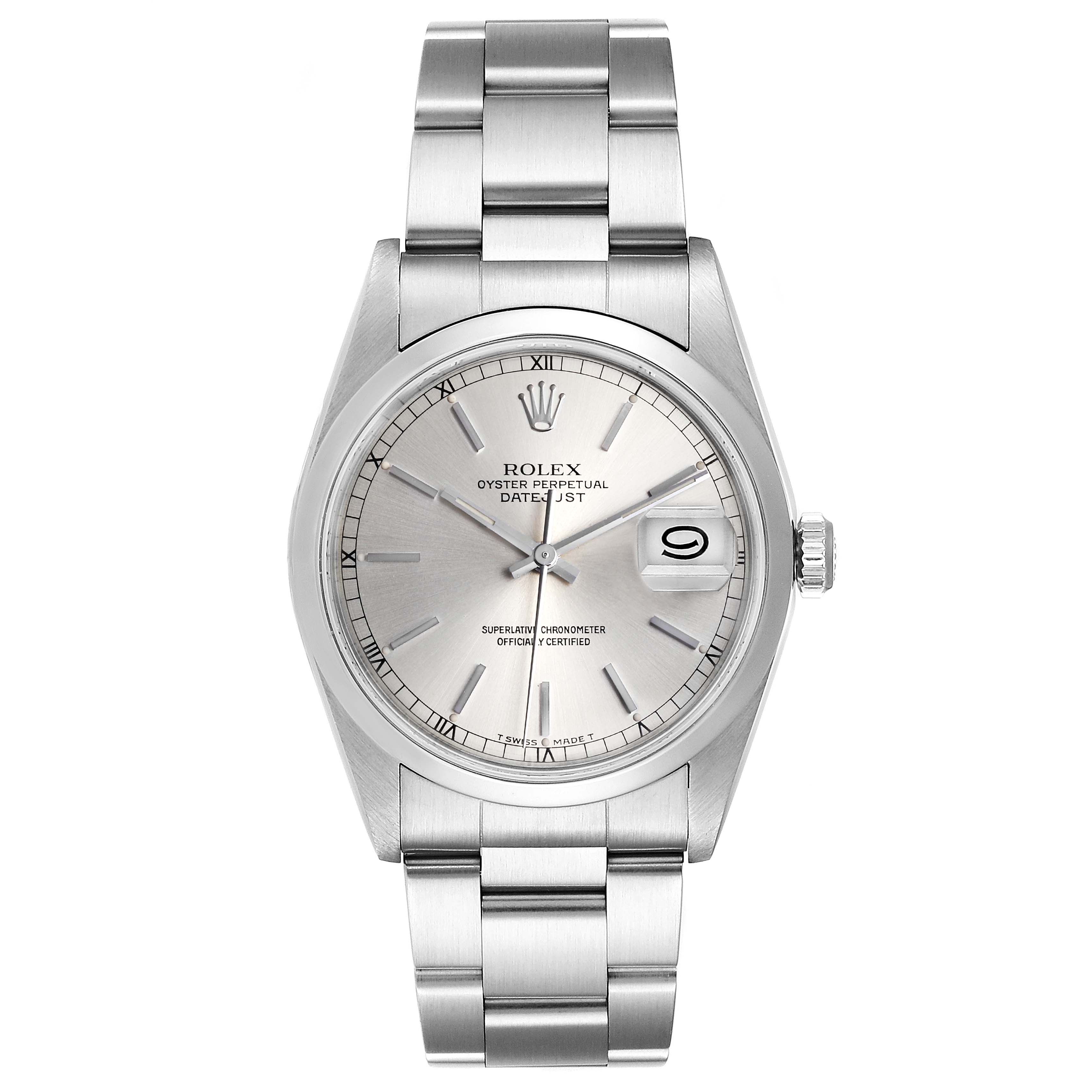 This image shows a front view of a Rolex Datejust 16200 Men's Stainless Steel Silver Dial 16200 Men's Stainless Steel Silver Dial watch, displaying the dial, case, bracelet, and date window.