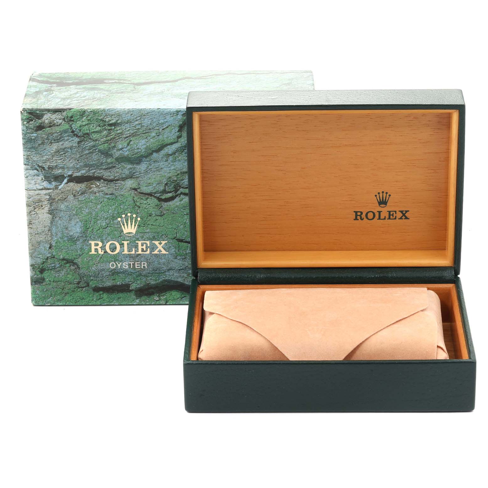 This image shows a Rolex Datejust 16200 Men's Stainless Steel Silver Dial 16200 Men's Stainless Steel Silver Dial watch box, with the outer box open, revealing the inner wooden box with a leather pouch inside.