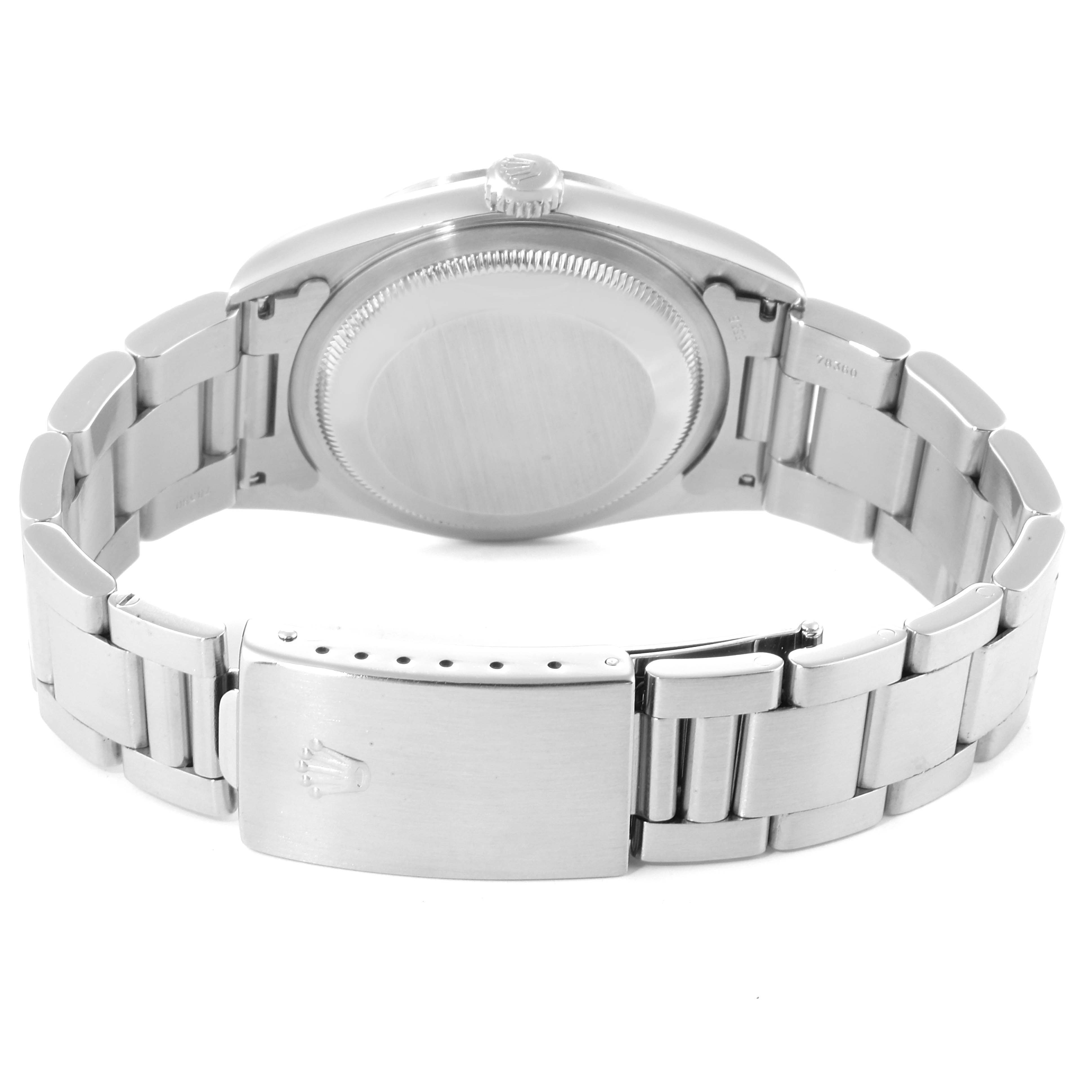 This image shows the back case and bracelet clasp of a Rolex Datejust 16200 Men's Stainless Steel Silver Dial 16200 Men's Stainless Steel Silver Dial watch from a rear angle.