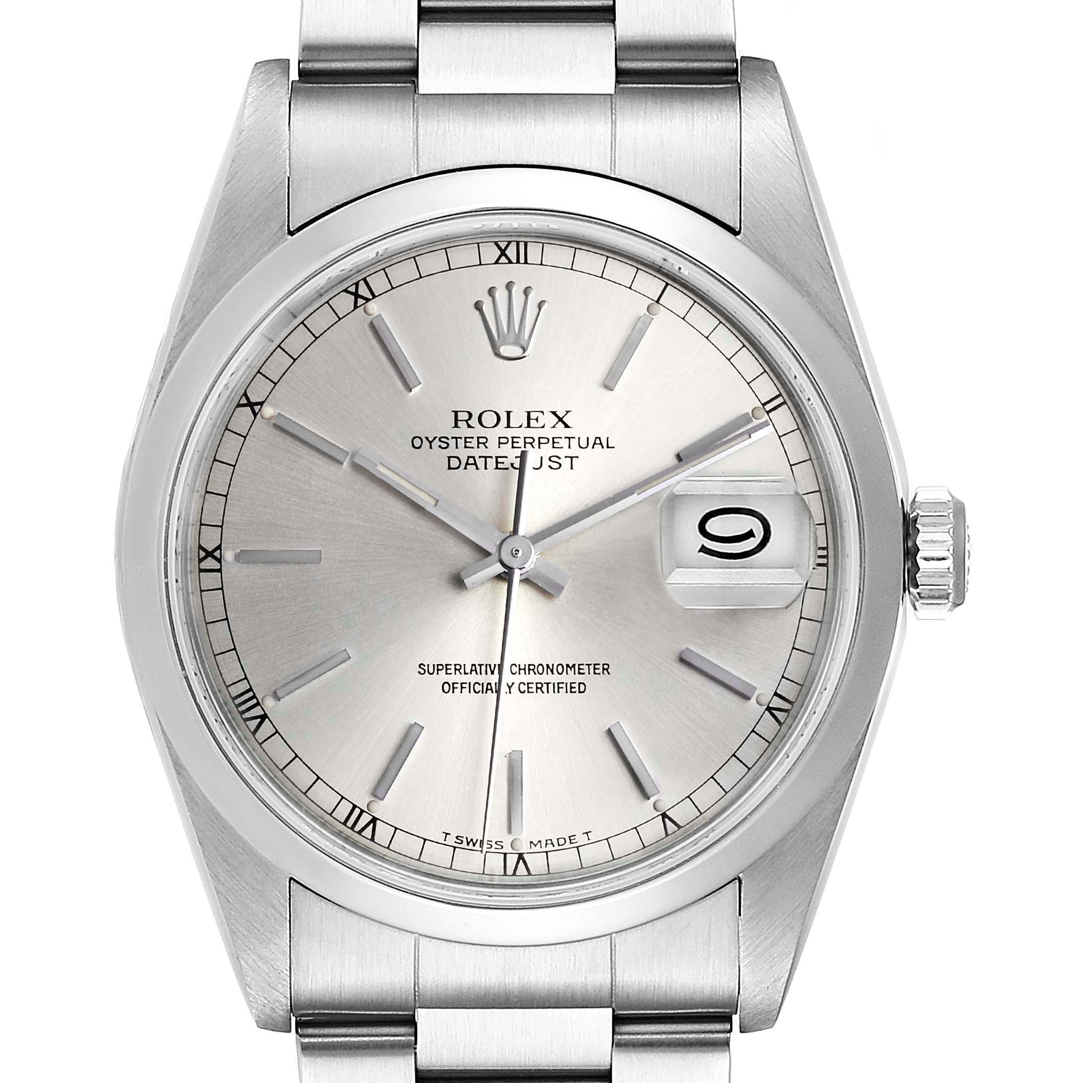The image shows a front view of a Rolex Datejust 16200 Men's Stainless Steel Silver Dial 16200 Men's Stainless Steel Silver Dial watch, displaying the dial, hands, crown, and bracelet.