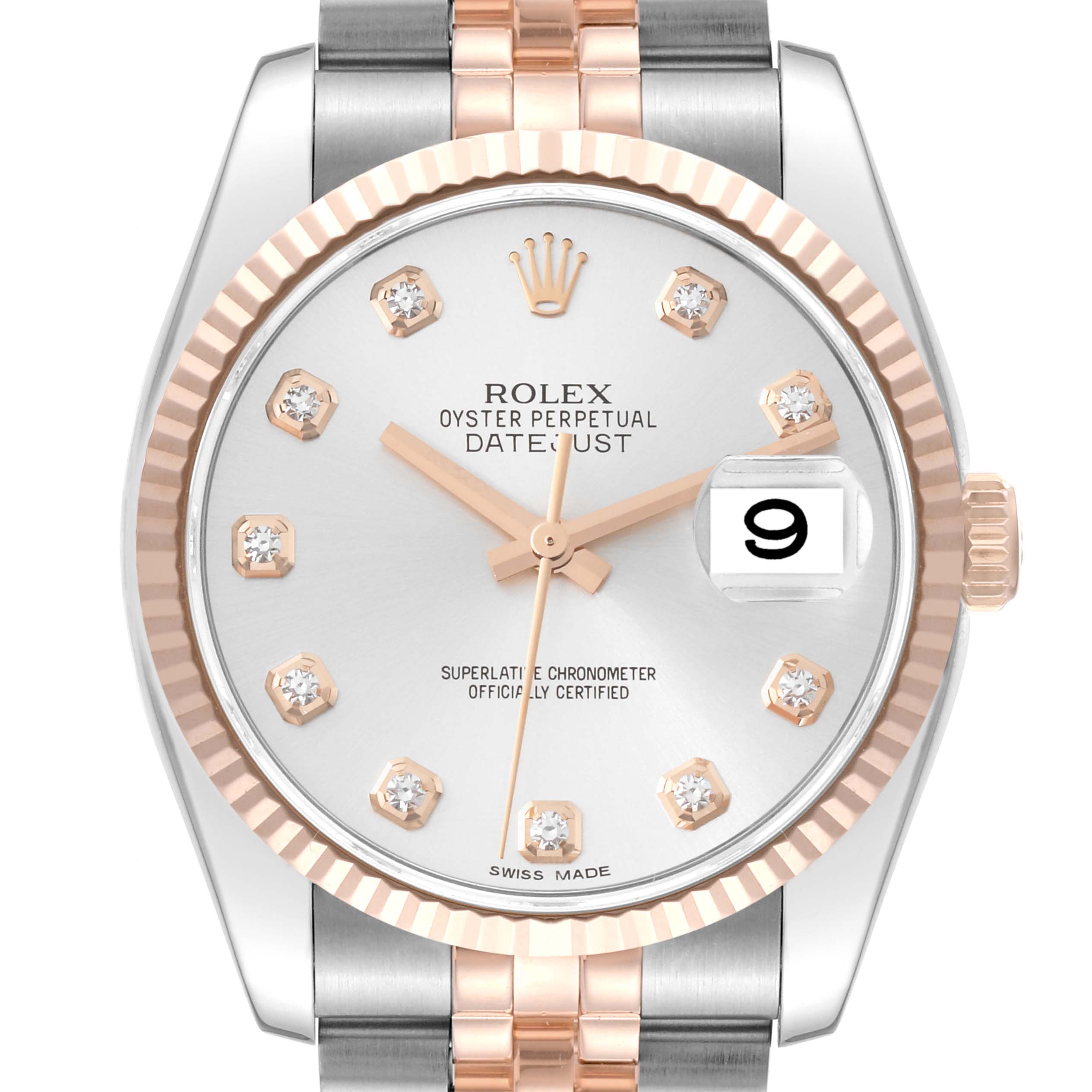 The image shows a front view of the Rolex Datejust 116231 Men's Steel and Gold (two tone) Silver Dial 116231 Men's Steel and Gold (two tone) Silver Dial watch, highlighting its dial, bezel, and bracelet.