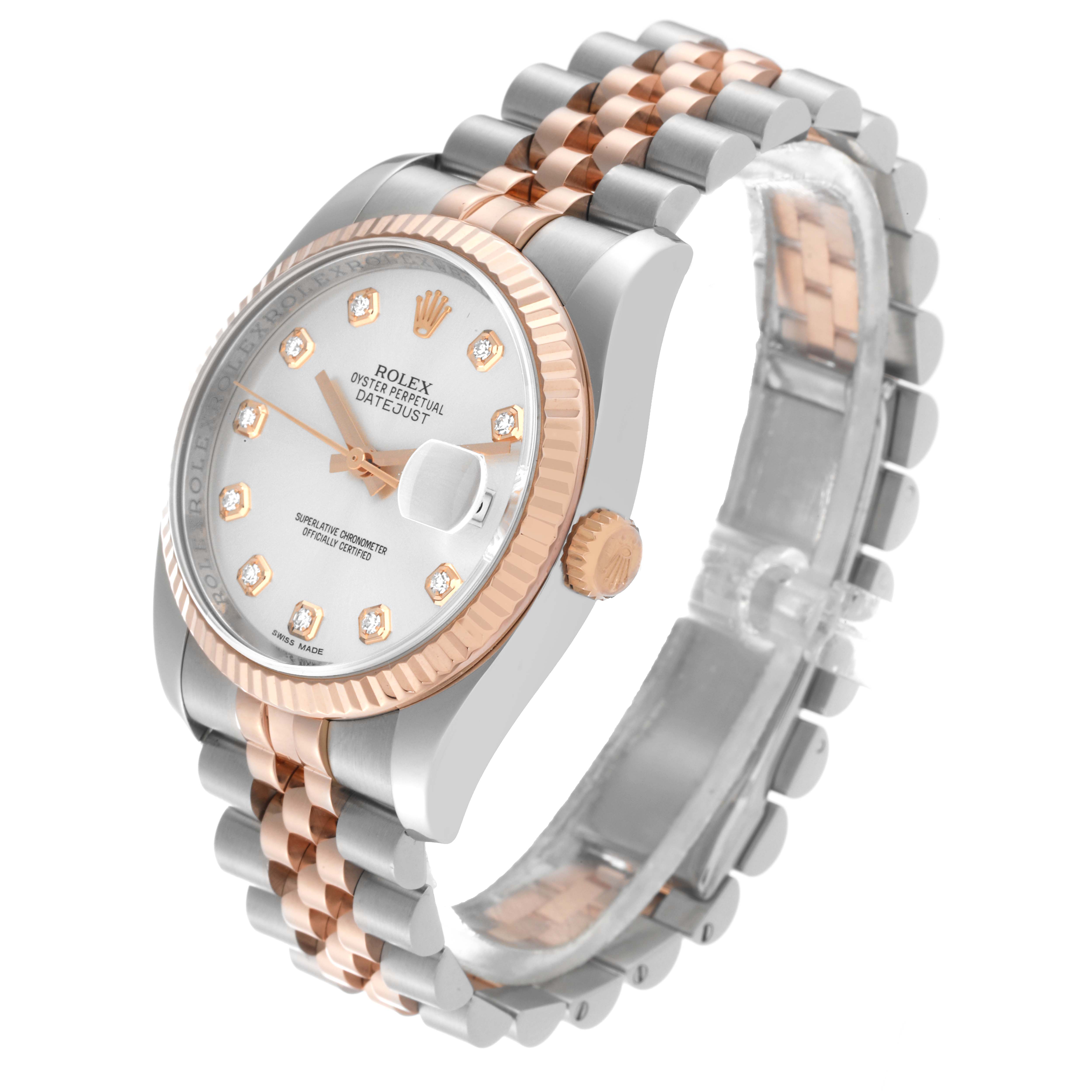 The image shows a Rolex Datejust 116231 Men's Steel and Gold (two tone) Silver Dial 116231 Men's Steel and Gold (two tone) Silver Dial watch at a three-quarter angle, highlighting the dial, bezel, crown, and jubilee bracelet.