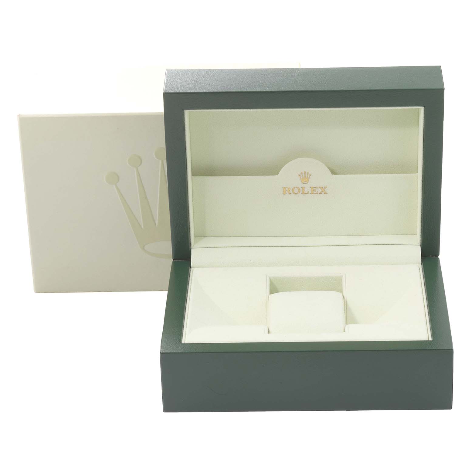 This image shows a green and cream Rolex box, with the lid open, designed for the Datejust model.