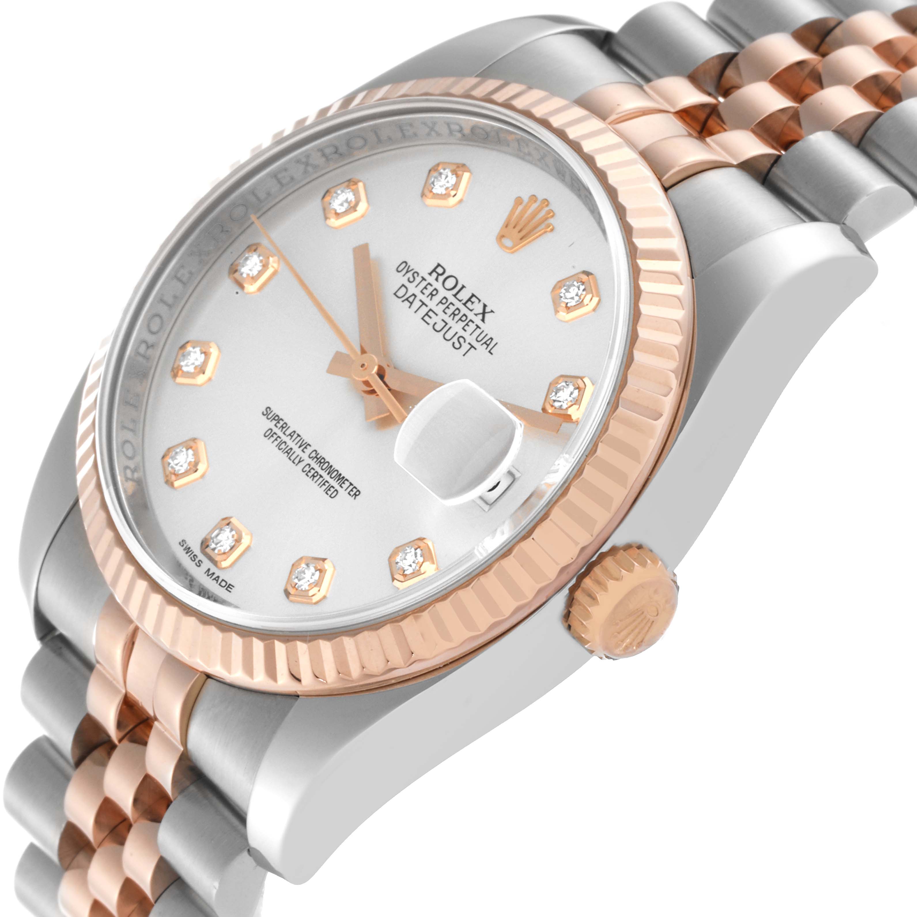The image shows a Rolex Datejust 116231 Men's Steel and Gold (two tone) Silver Dial 116231 Men's Steel and Gold (two tone) Silver Dial watch at an angle highlighting the face, bezel, crown, and part of the bracelet.