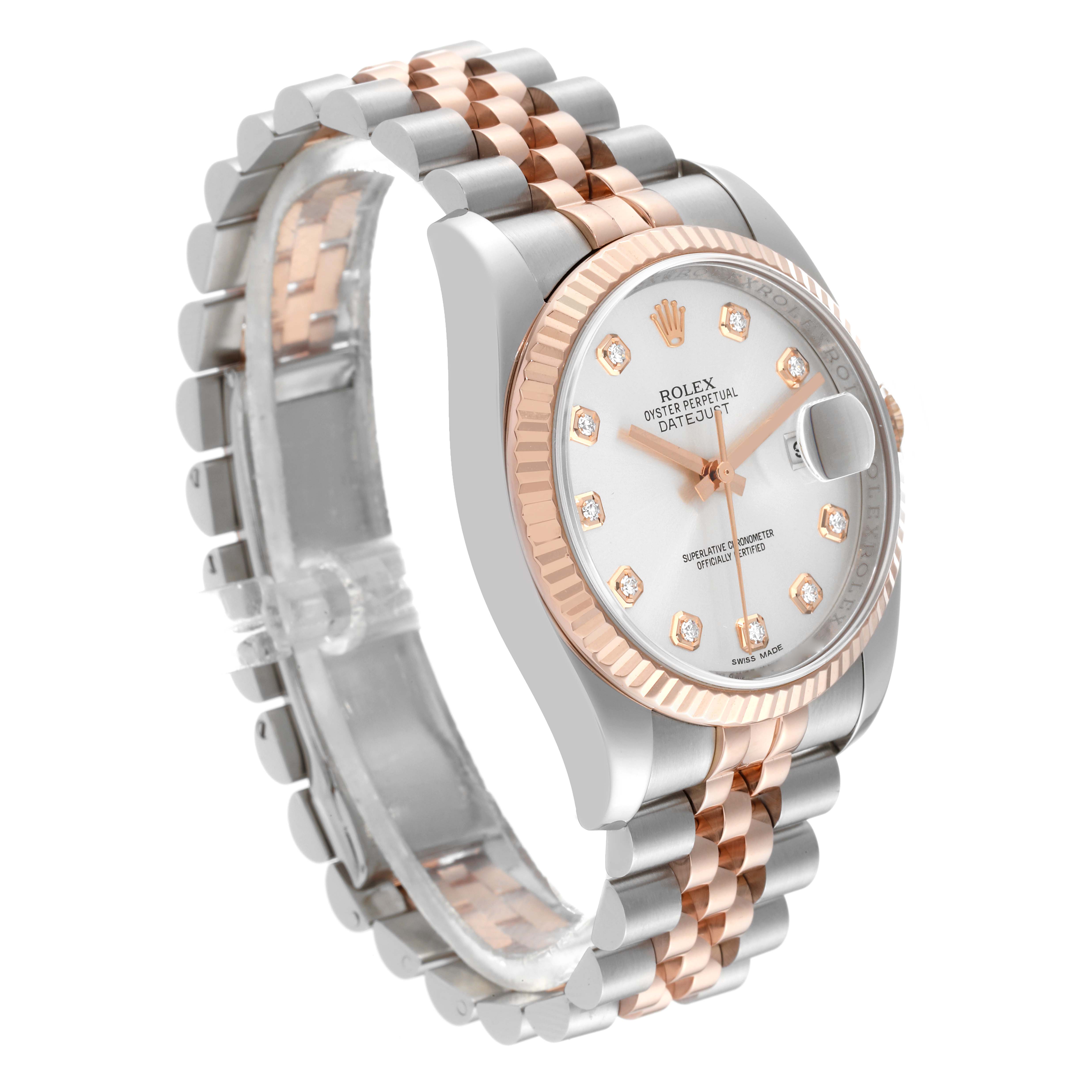 The image shows a Rolex Datejust 116231 Men's Steel and Gold (two tone) Silver Dial 116231 Men's Steel and Gold (two tone) Silver Dial watch from an angled view, highlighting the face, bezel, and two-tone bracelet.