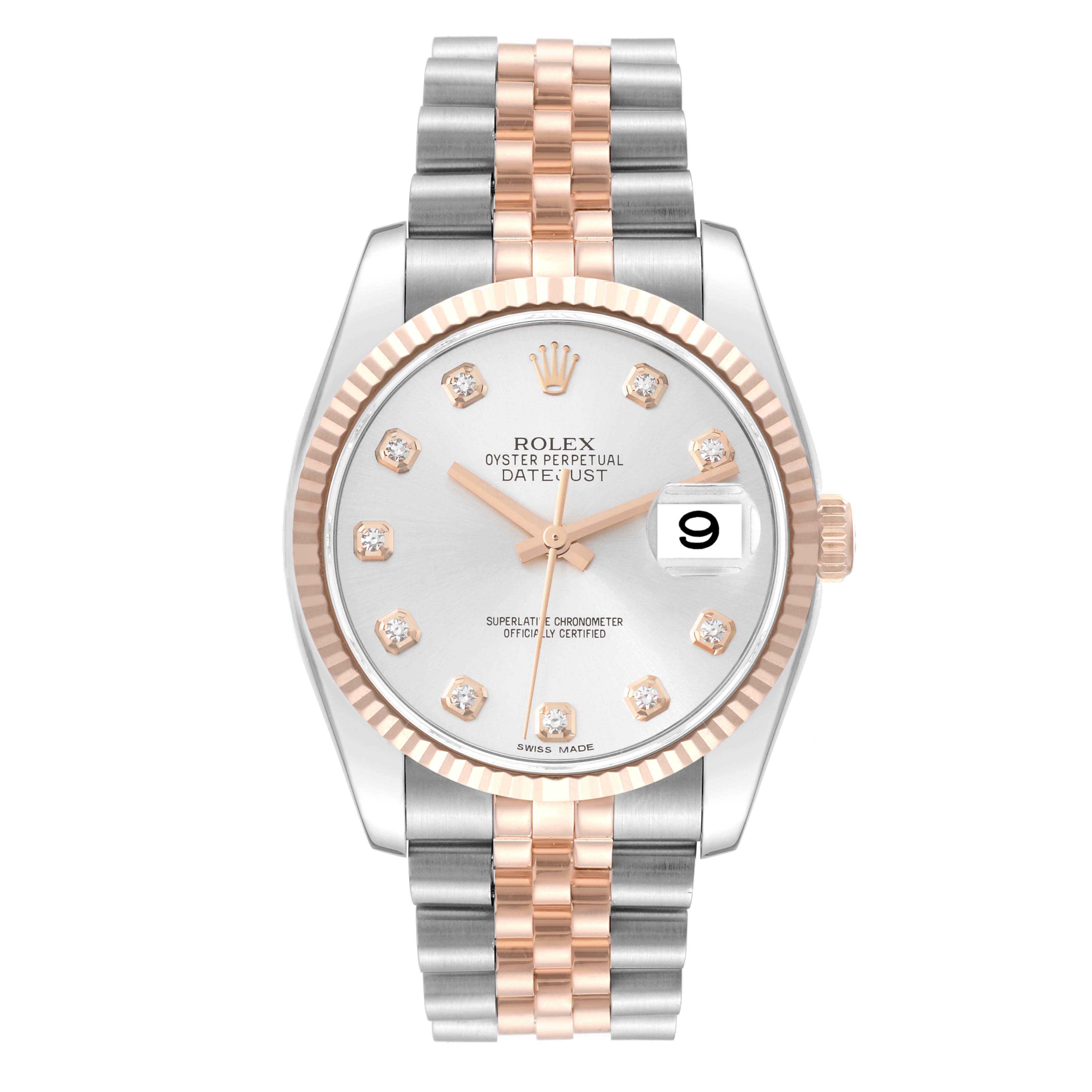 This image shows a front view of a Rolex Datejust 116231 Men's Steel and Gold (two tone) Silver Dial 116231 Men's Steel and Gold (two tone) Silver Dial watch, highlighting its dial, bezel, bracelet, and date window.