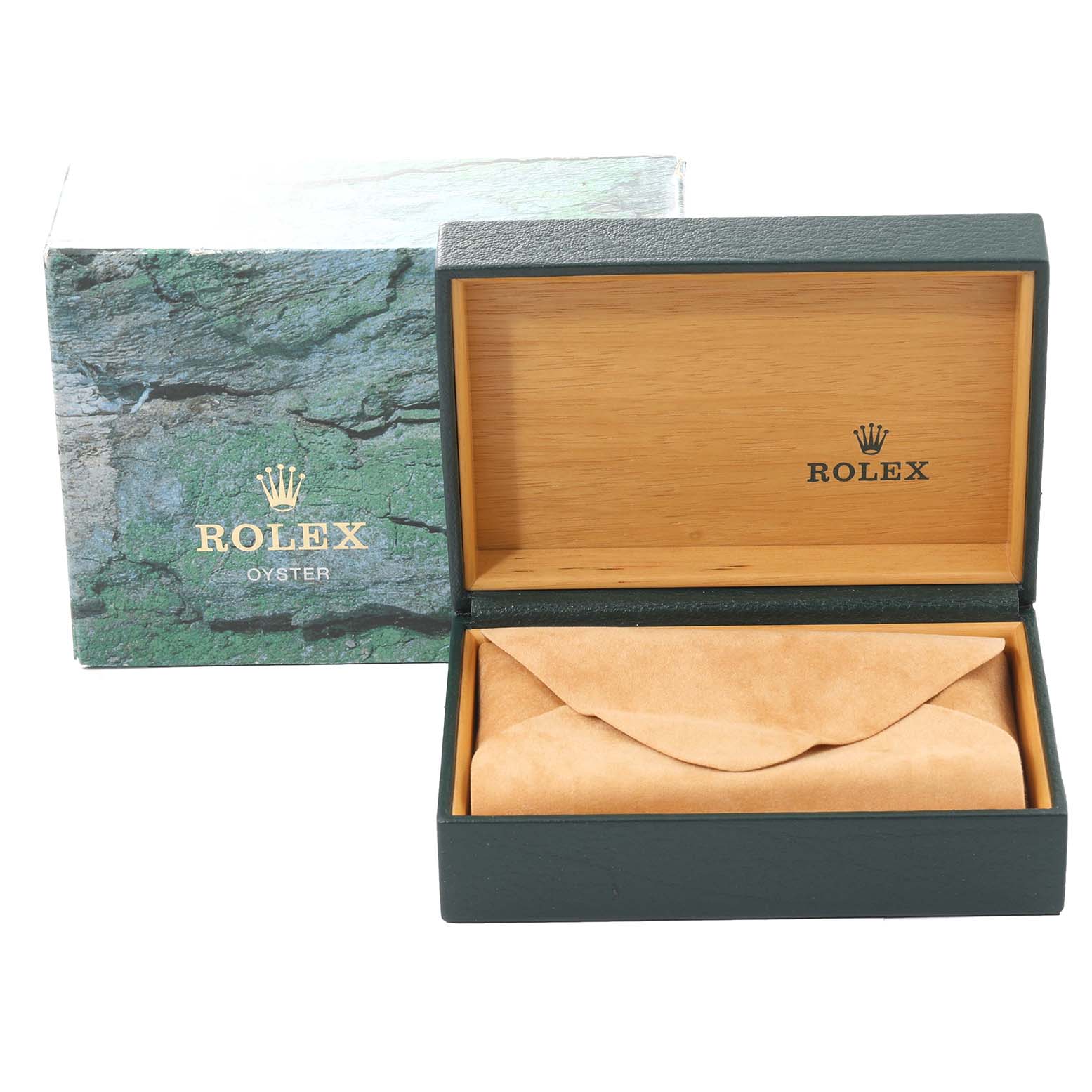 The image shows the open box and packaging for a Rolex Datejust 16233 Men's Steel and Gold (two tone) Champagne Dial 16233 Men's Steel and Gold (two tone) Champagne Dial watch from a front angle.