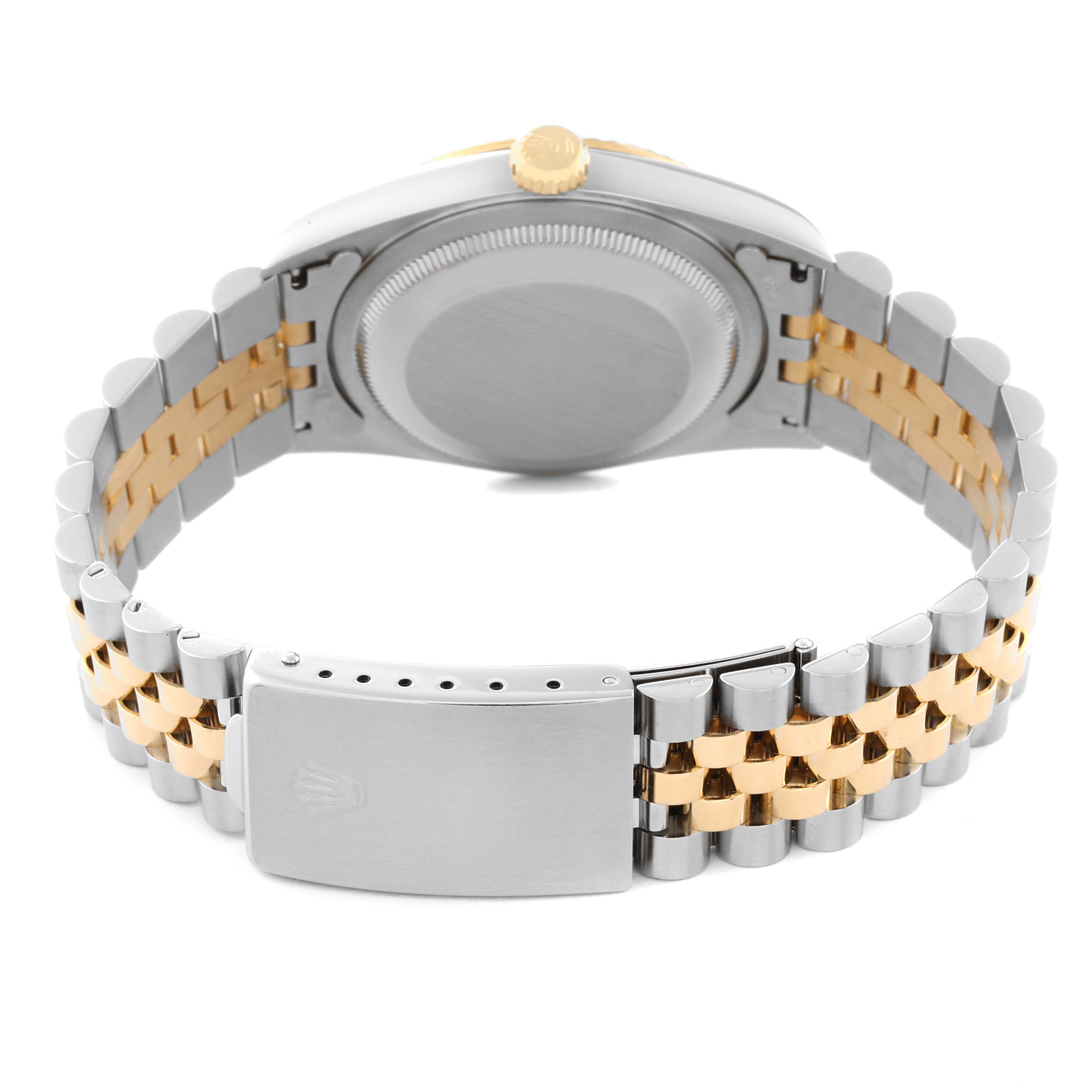 This image shows the back of a Rolex Datejust 16233 Men's Steel and Gold (two tone) Champagne Dial 16233 Men's Steel and Gold (two tone) Champagne Dial watch, highlighting the case back, crown, and bi-metal bracelet.