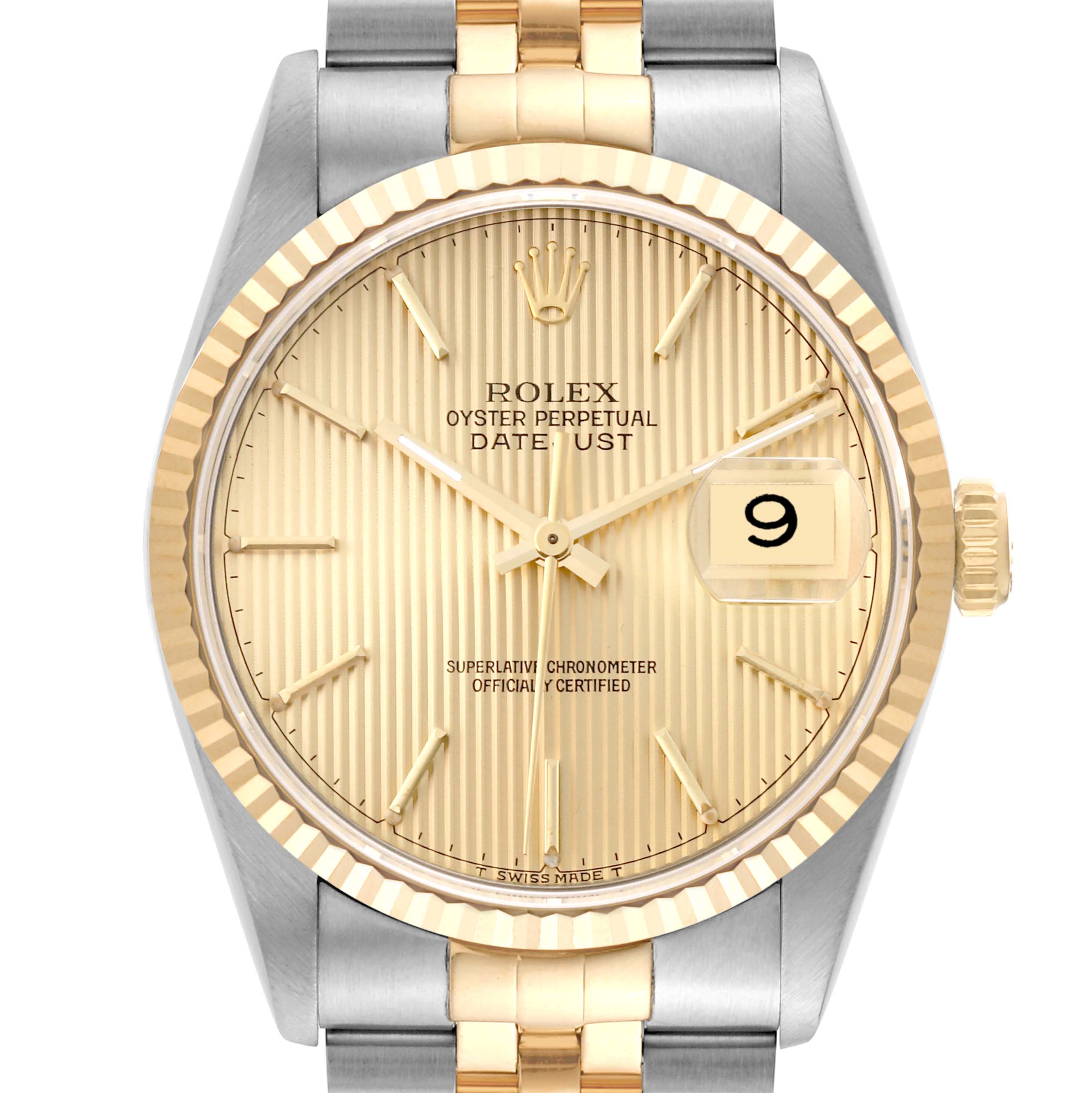 The image shows a close-up front view of the Rolex Datejust 16233 Men's Steel and Gold (two tone) Champagne Dial 16233 Men's Steel and Gold (two tone) Champagne Dial watch featuring a gold-tone dial with a date window.