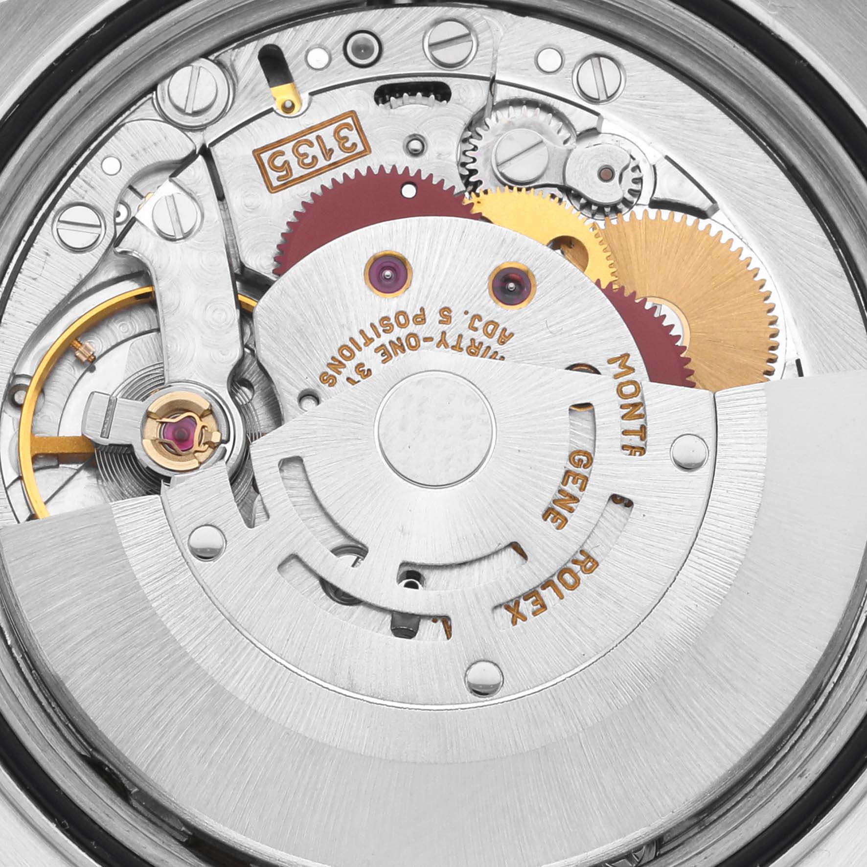 This is a close-up view of the movement mechanism of a Rolex Datejust 16233 Men's Steel and Gold (two tone) Champagne Dial 16233 Men's Steel and Gold (two tone) Champagne Dial watch.