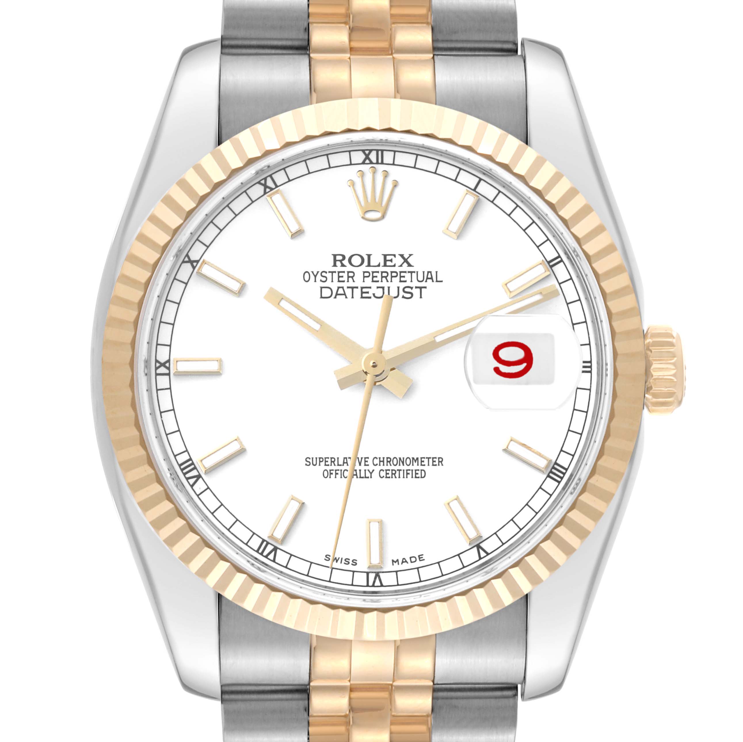 The image shows a front view of a Rolex Datejust 116233 Men's Steel and Gold (two tone) White Dial 116233 Men's Steel and Gold (two tone) White Dial watch, featuring a two-tone bracelet, white dial, and fluted bezel.