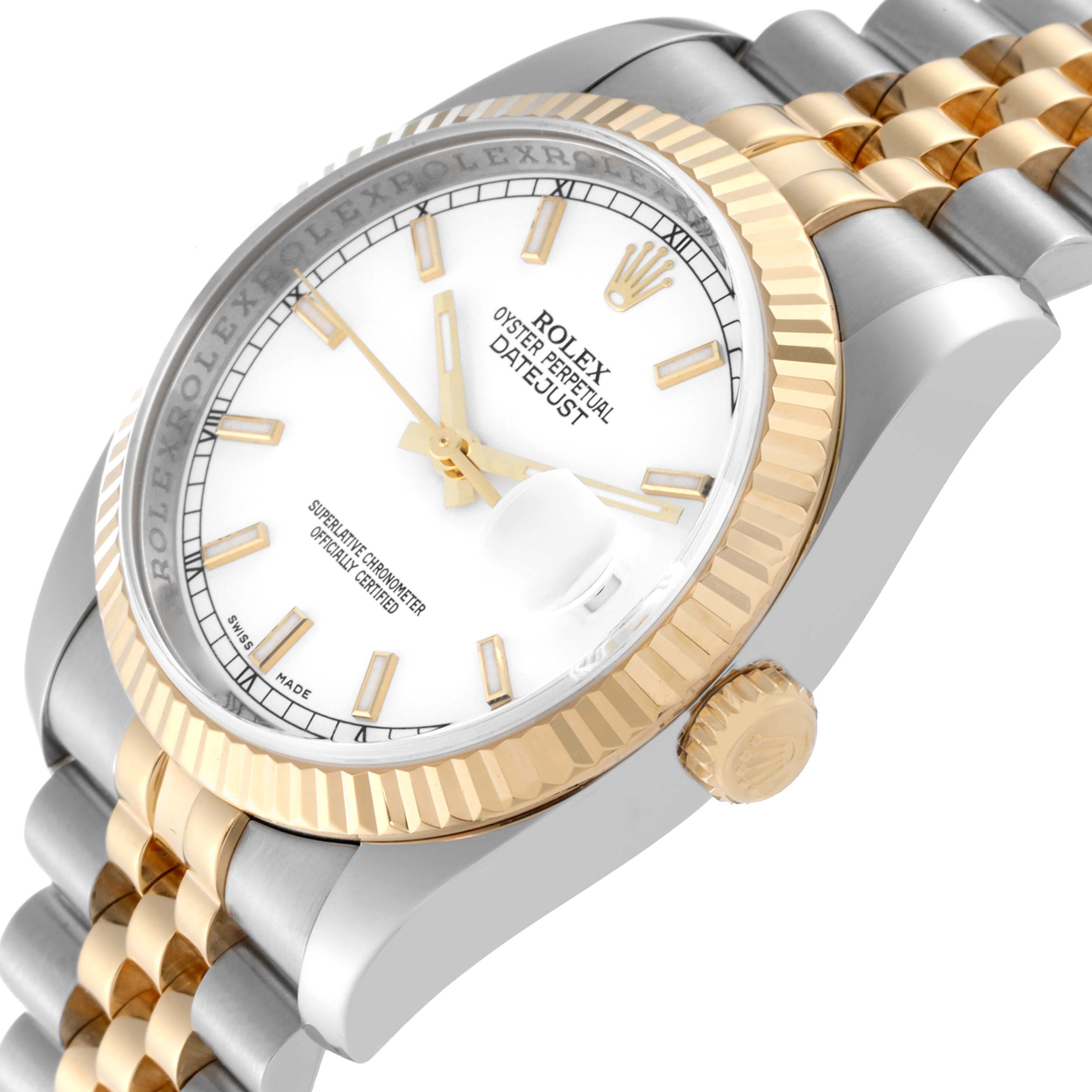 The image shows the face and part of the band of a Rolex Datejust 116233 Men's Steel and Gold (two tone) White Dial 116233 Men's Steel and Gold (two tone) White Dial watch at an angle.