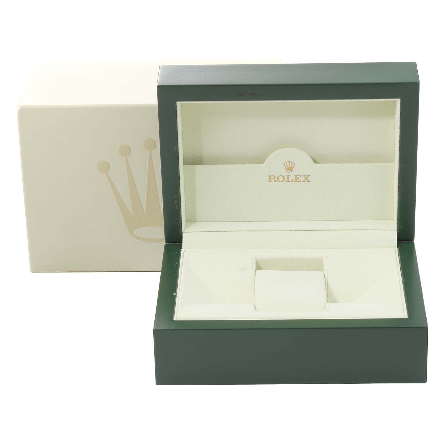 This image shows an open green and beige Rolex watch box for the Datejust model, displaying the interior without the watch.