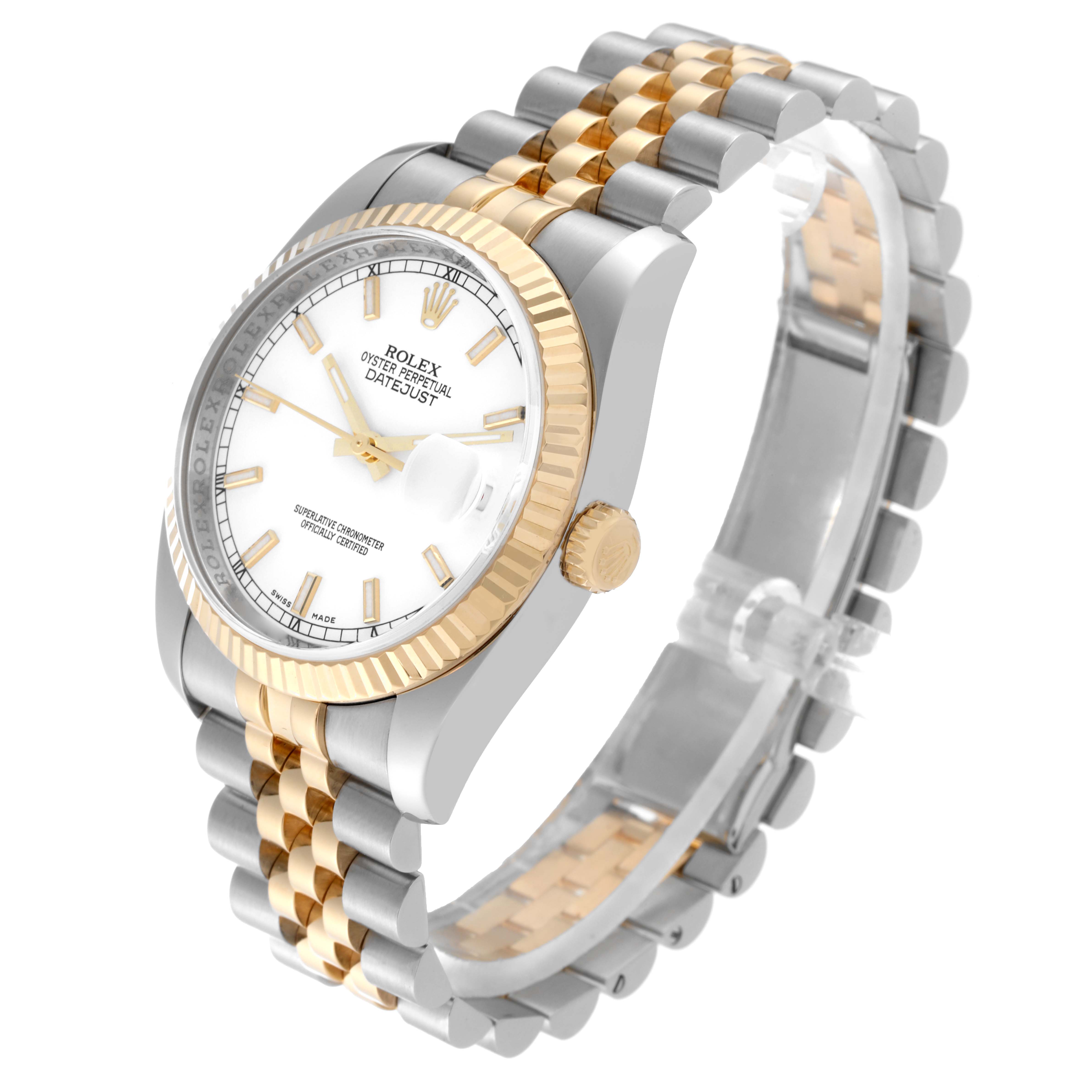The Rolex Datejust 116233 Men's Steel and Gold (two tone) White Dial 116233 Men's Steel and Gold (two tone) White Dial watch is shown at an angled view, displaying the dial, bezel, crown, and two-tone bracelet.