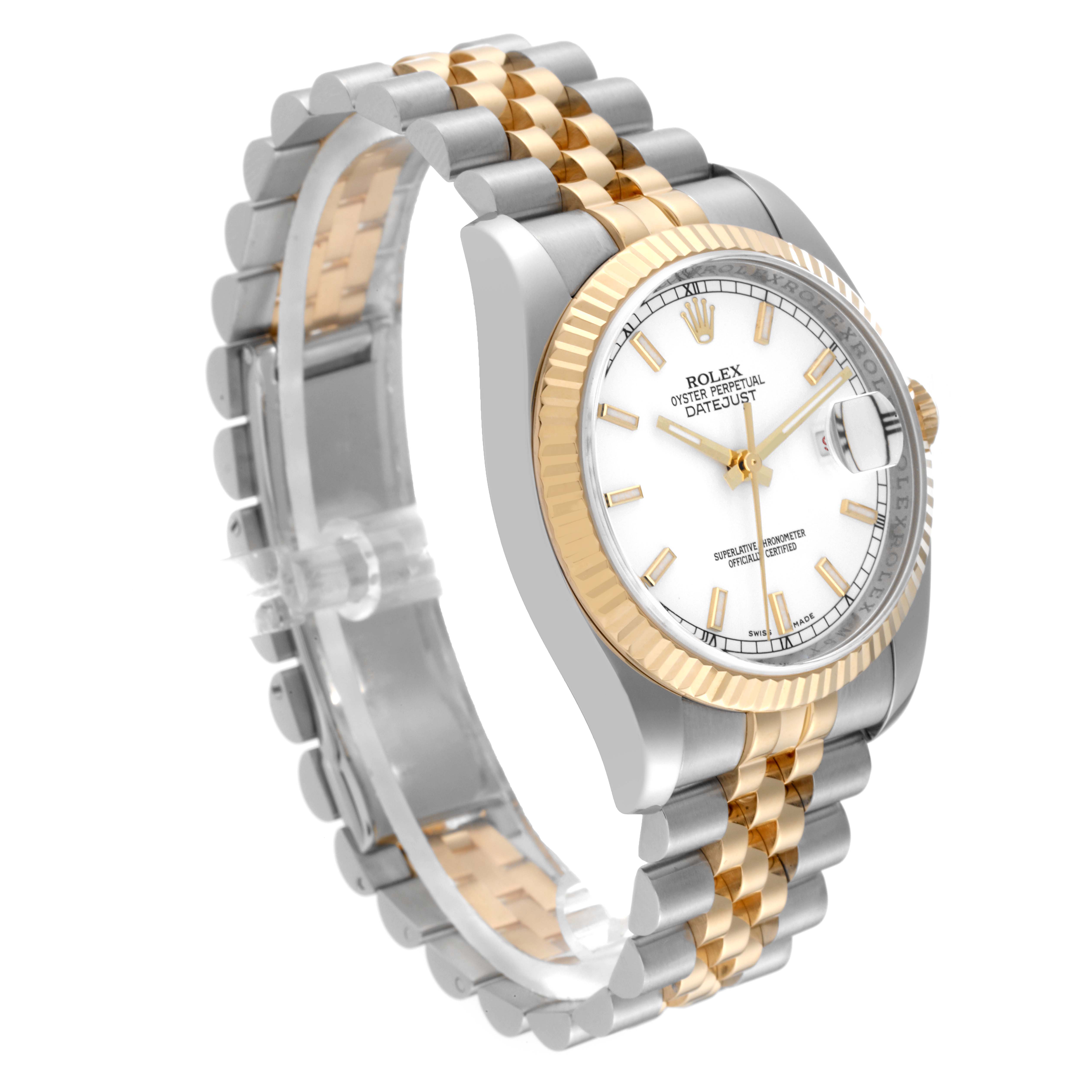 The image shows a Rolex Datejust 116233 Men's Steel and Gold (two tone) White Dial 116233 Men's Steel and Gold (two tone) White Dial watch at a slight angle, showcasing its face, bezel, crown, case, and two-tone bracelet.