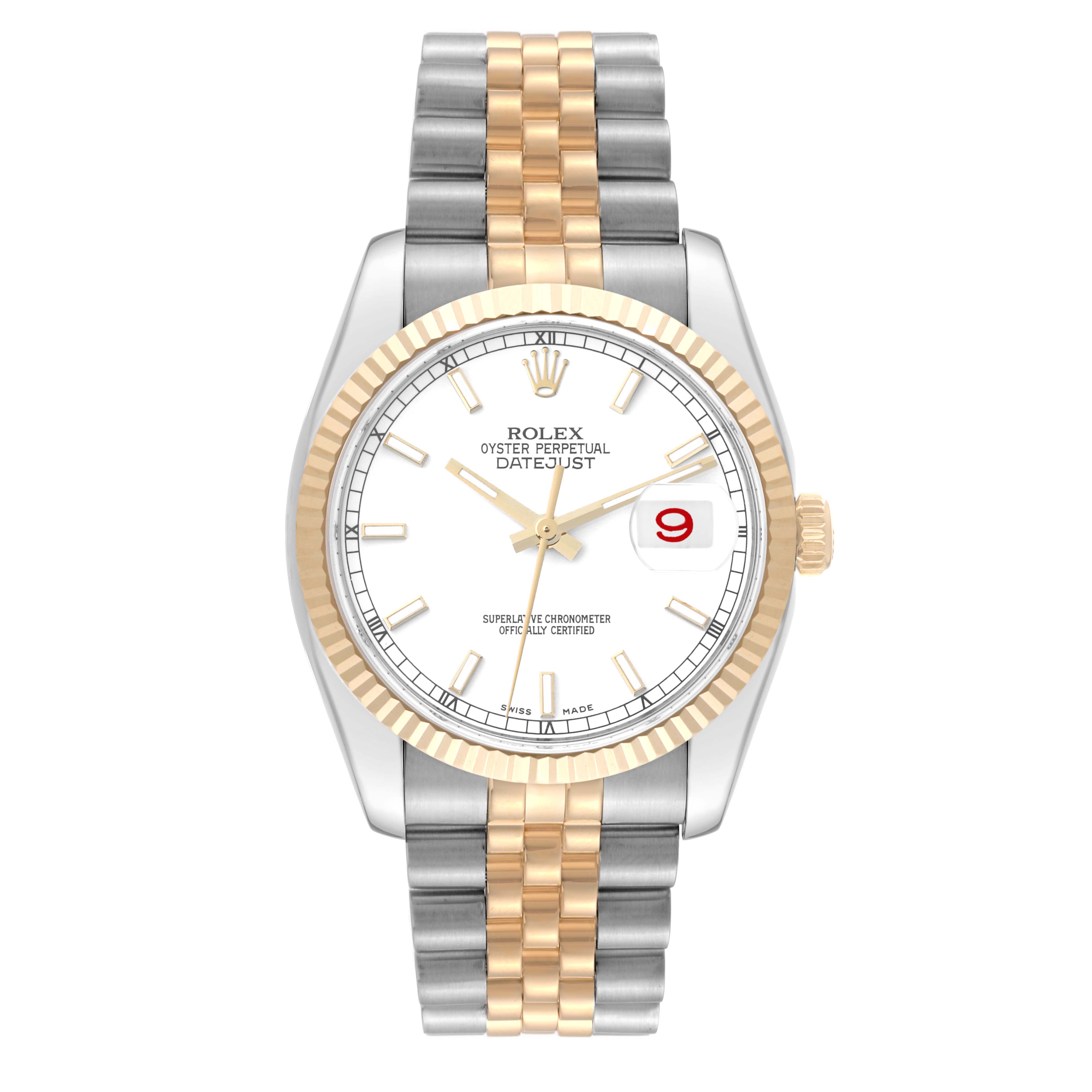 This image shows a front view of a Rolex Datejust 116233 Men's Steel and Gold (two tone) White Dial 116233 Men's Steel and Gold (two tone) White Dial watch with a white dial, two-tone bracelet, and gold fluted bezel.