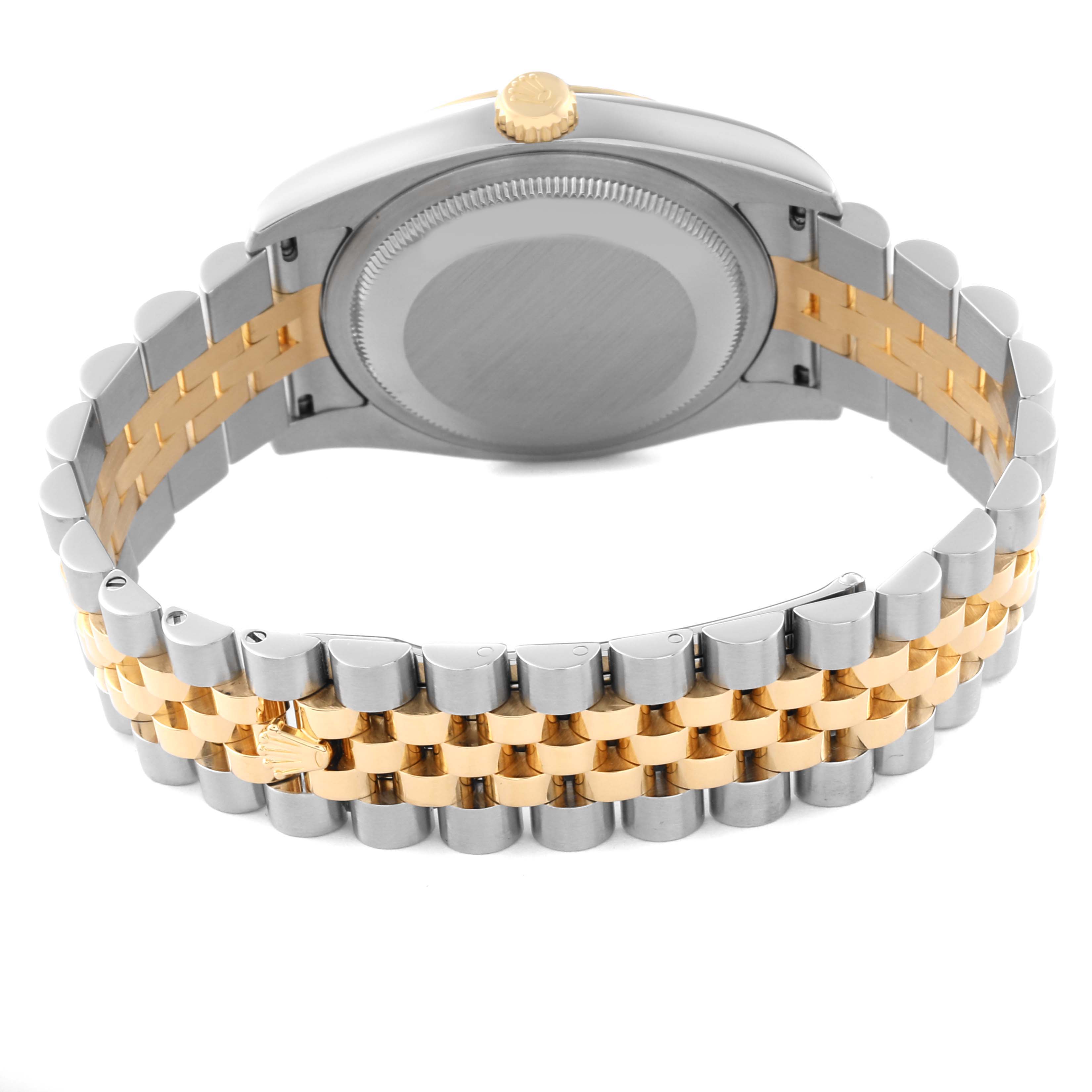The image shows the back case and bracelet of a Rolex Datejust 116233 Men's Steel and Gold (two tone) White Dial 116233 Men's Steel and Gold (two tone) White Dial watch, viewed from a rear angle.