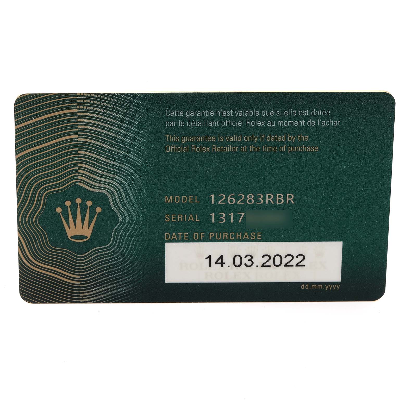 This image shows a guarantee card for a Rolex Datejust 126283 Men's Steel and Gold (two tone) Silver Dial 126283 Men's Steel and Gold (two tone) Silver Dial model 126283RBR.