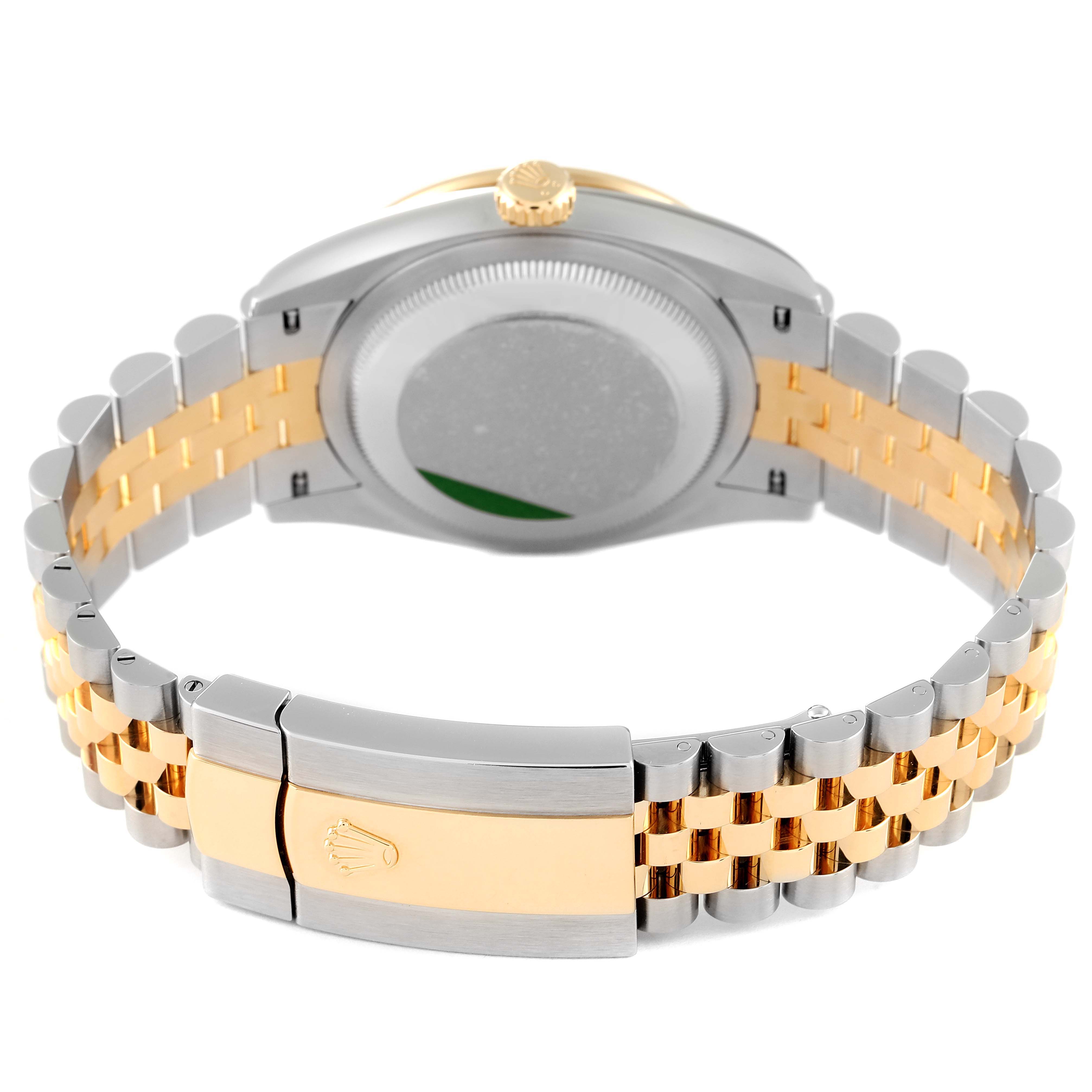 The image shows the back view of a Rolex Datejust 126283 Men's Steel and Gold (two tone) Silver Dial 126283 Men's Steel and Gold (two tone) Silver Dial watch, highlighting its case back, crown, and two-tone Jubilee bracelet with a clasp.