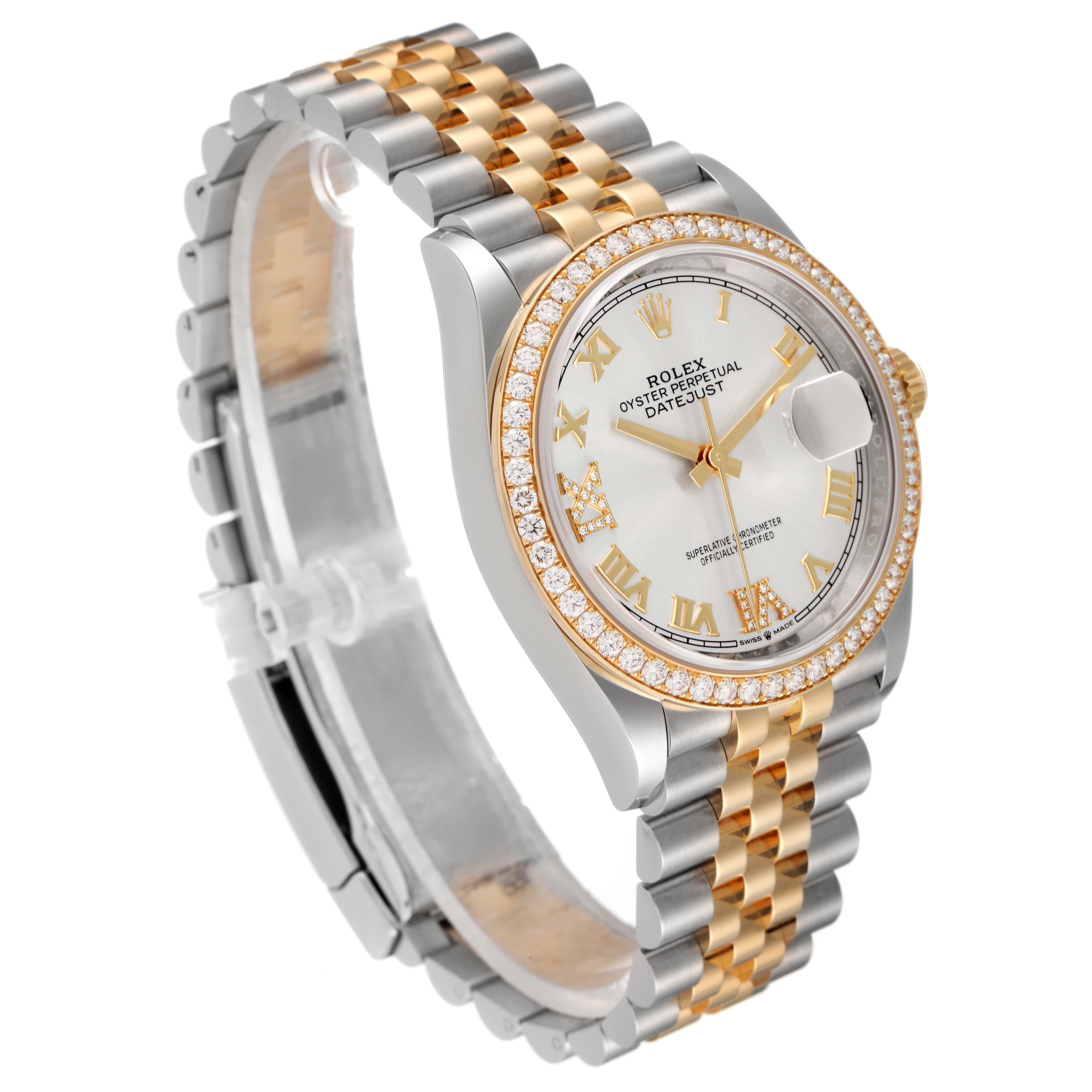 The image shows a Rolex Datejust 126283 Men's Steel and Gold (two tone) Silver Dial 126283 Men's Steel and Gold (two tone) Silver Dial watch at a three-quarter angle, highlighting its two-tone bracelet, diamond bezel, and Roman numeral dial.
