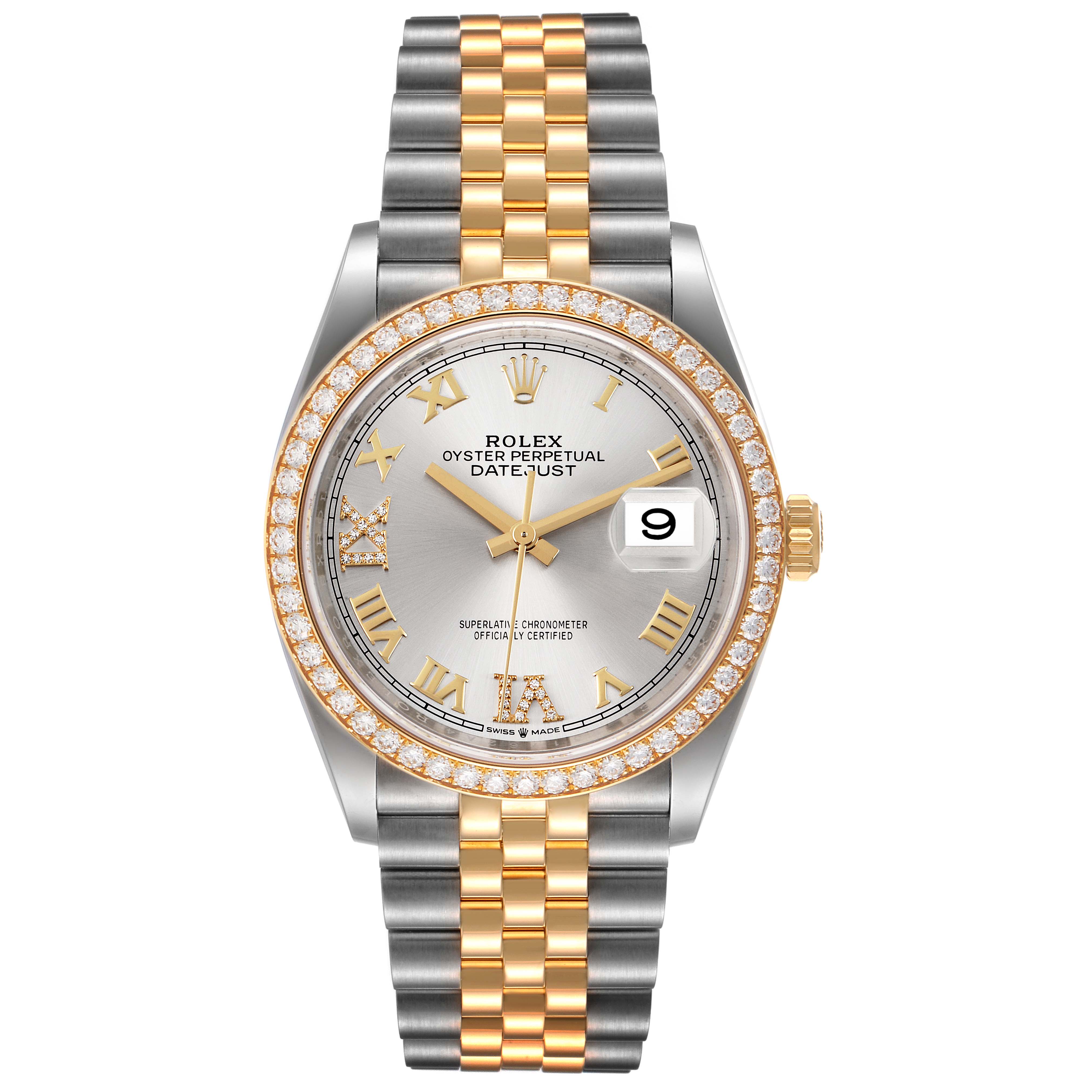 This is an upright front view of a Rolex Datejust 126283 Men's Steel and Gold (two tone) Silver Dial 126283 Men's Steel and Gold (two tone) Silver Dial watch, showcasing its dial, bezel, crown, and jubilee bracelet.