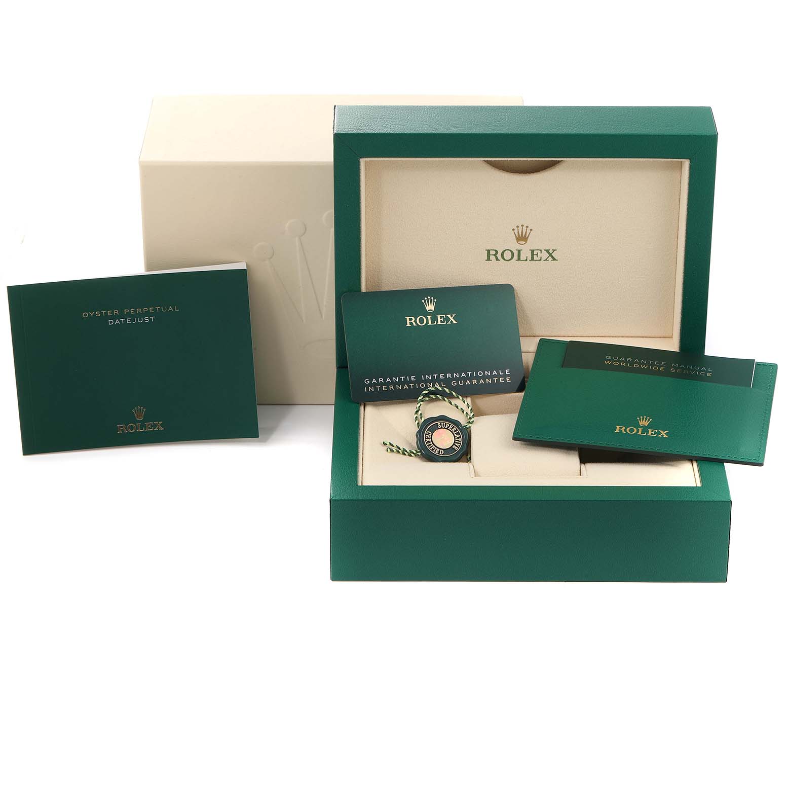 The image shows the packaging and accessories for a Rolex Datejust 126283 Men's Steel and Gold (two tone) Silver Dial 126283 Men's Steel and Gold (two tone) Silver Dial, including a green box, booklets, and a warranty card.