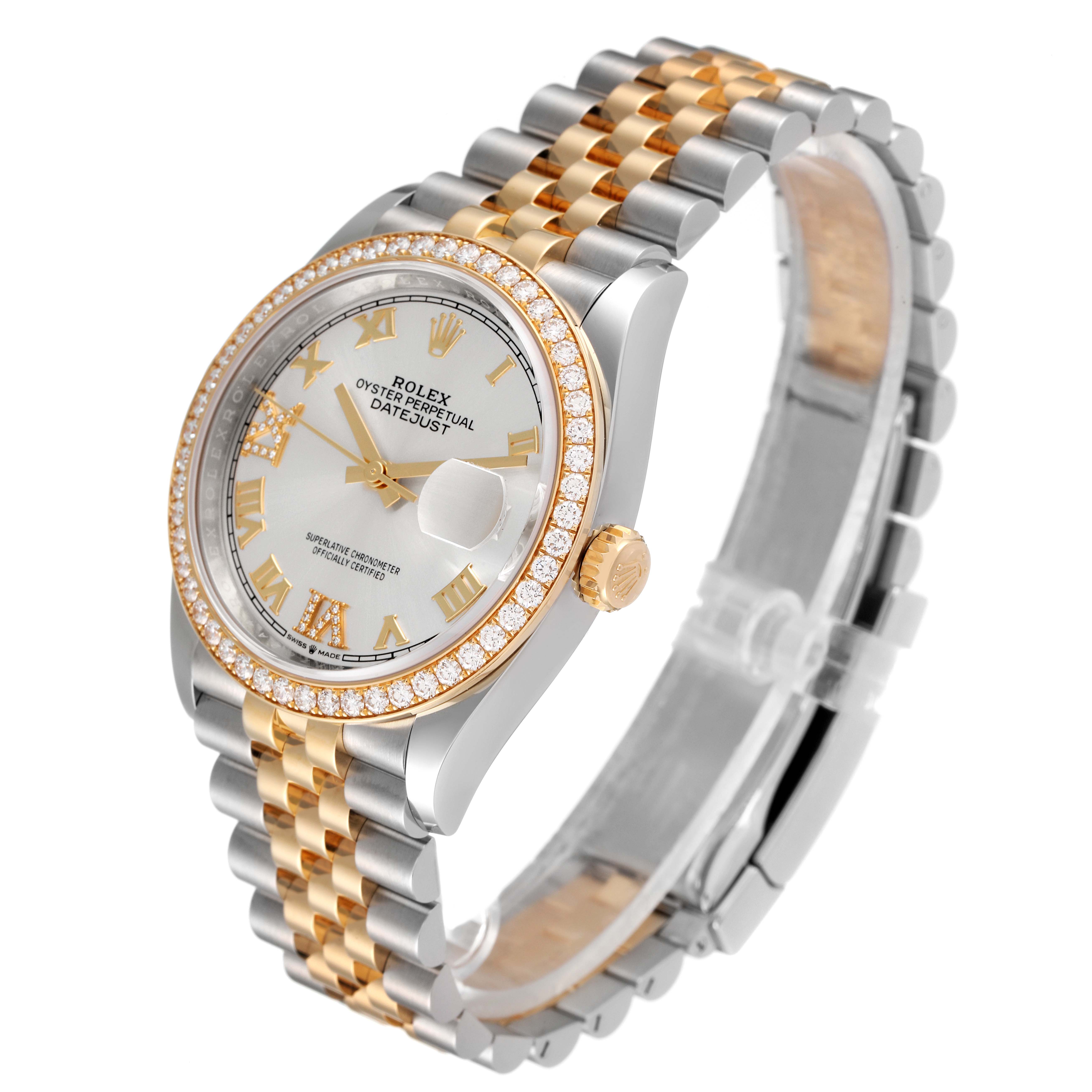 The image shows a Rolex Datejust 126283 Men's Steel and Gold (two tone) Silver Dial 126283 Men's Steel and Gold (two tone) Silver Dial watch at a three-quarter angle, highlighting the dial, bezel, crown, and two-tone bracelet.