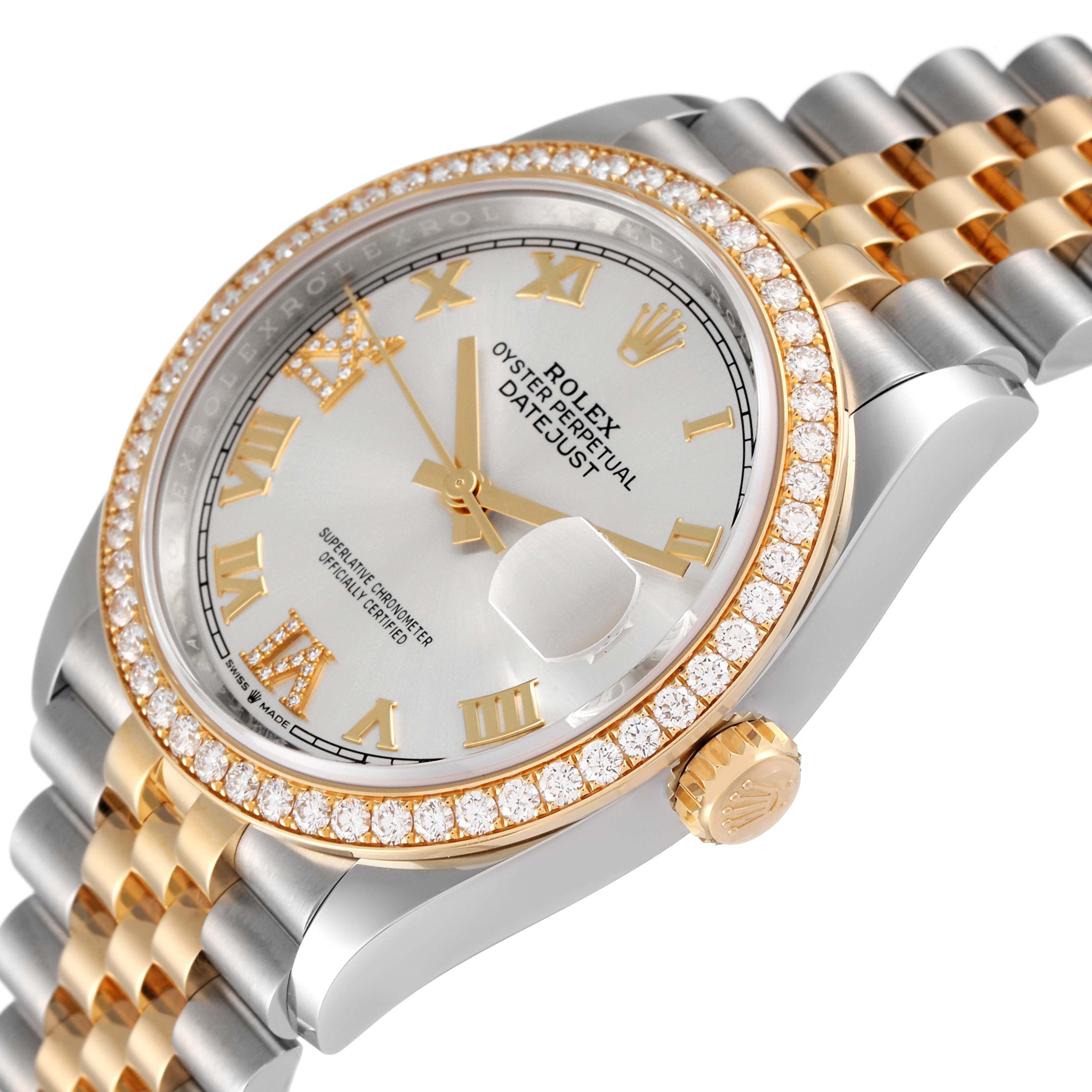 This image shows a close-up view of a Rolex Datejust 126283 Men's Steel and Gold (two tone) Silver Dial 126283 Men's Steel and Gold (two tone) Silver Dial watch, highlighting the dial, bezel, crown, and part of the bracelet.