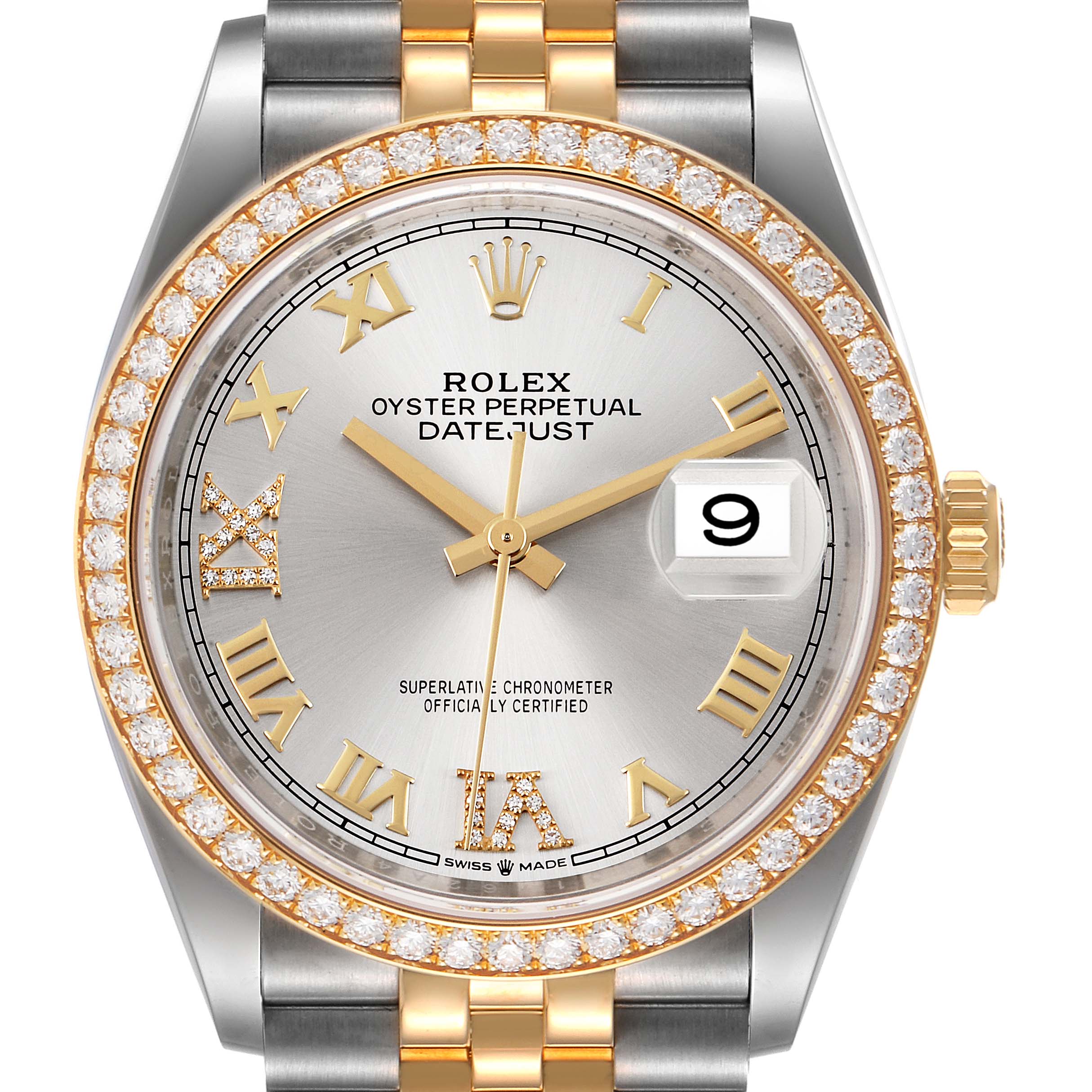This image shows a front view of a Rolex Datejust 126283 Men's Steel and Gold (two tone) Silver Dial 126283 Men's Steel and Gold (two tone) Silver Dial watch, highlighting its dial, bezel, and part of the bracelet.