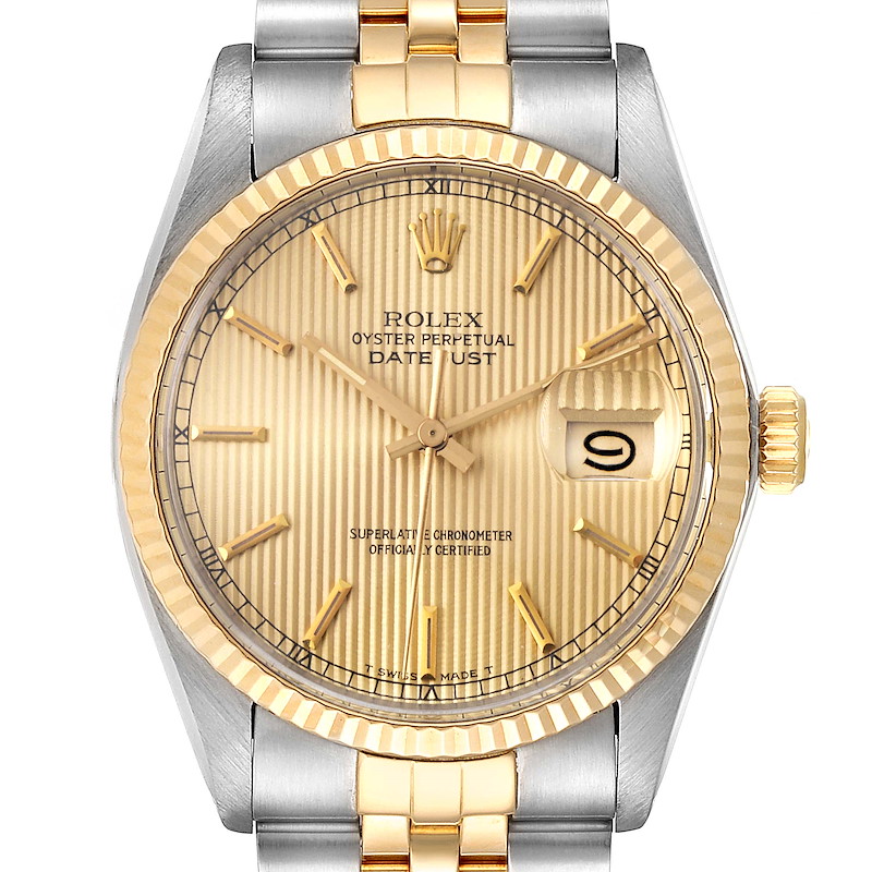 Rolex Datejust 36 Steel Yellow Gold Tapestry Dial Vintage Mens Watch 16013 SwissWatchExpo