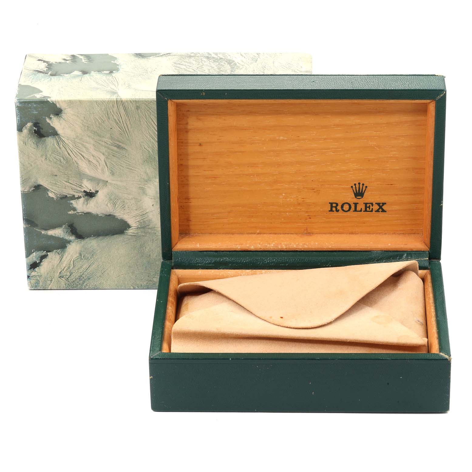 The image shows an open Rolex Datejust 16013 Men's Steel and Gold (two tone) Champagne Dial 16013 Men's Steel and Gold (two tone) Champagne Dial watch box with a leather pouch inside, displayed from the front.