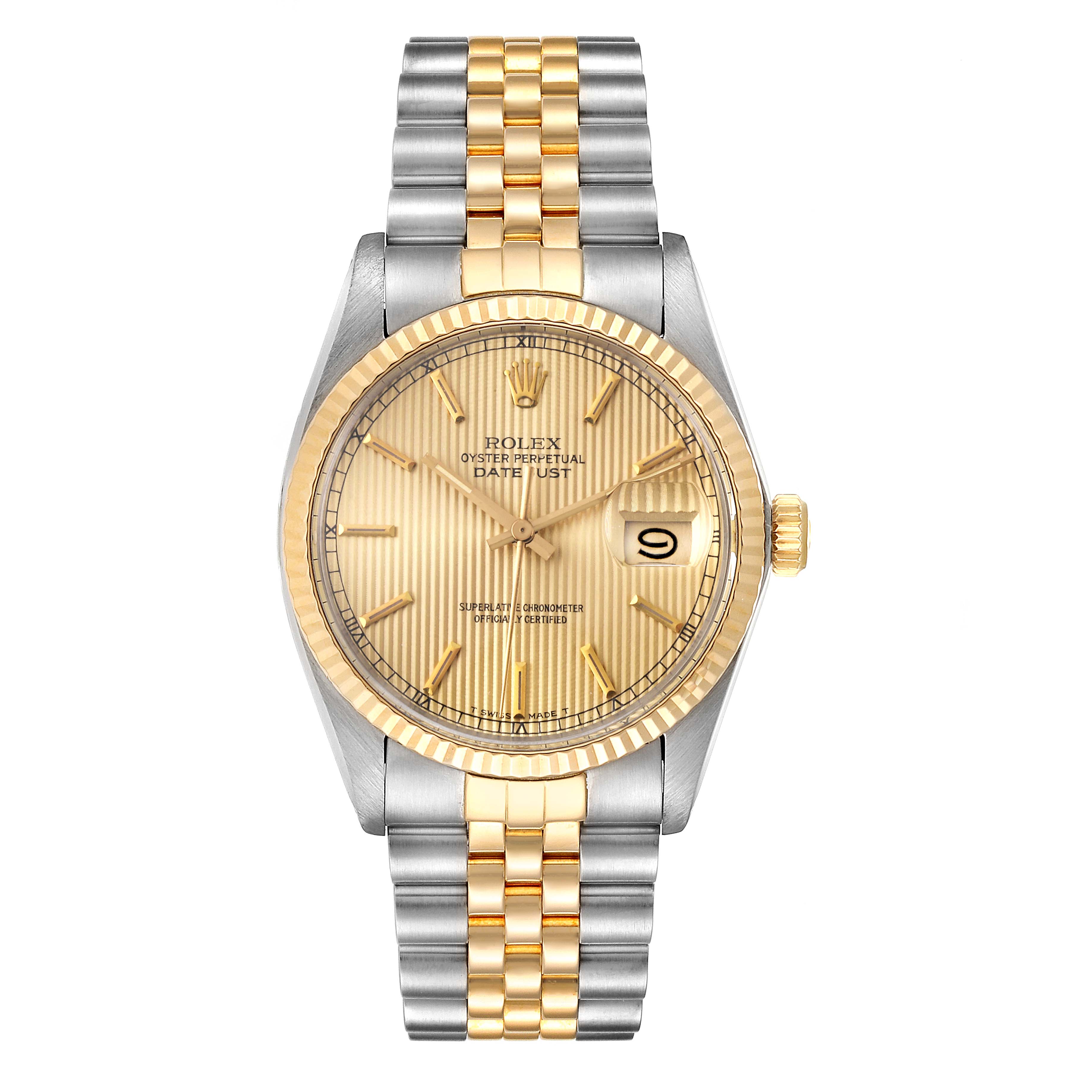 The image shows a frontal view of a Rolex Datejust 16013 Men's Steel and Gold (two tone) Champagne Dial 16013 Men's Steel and Gold (two tone) Champagne Dial watch, featuring a two-tone bracelet and gold fluted bezel.