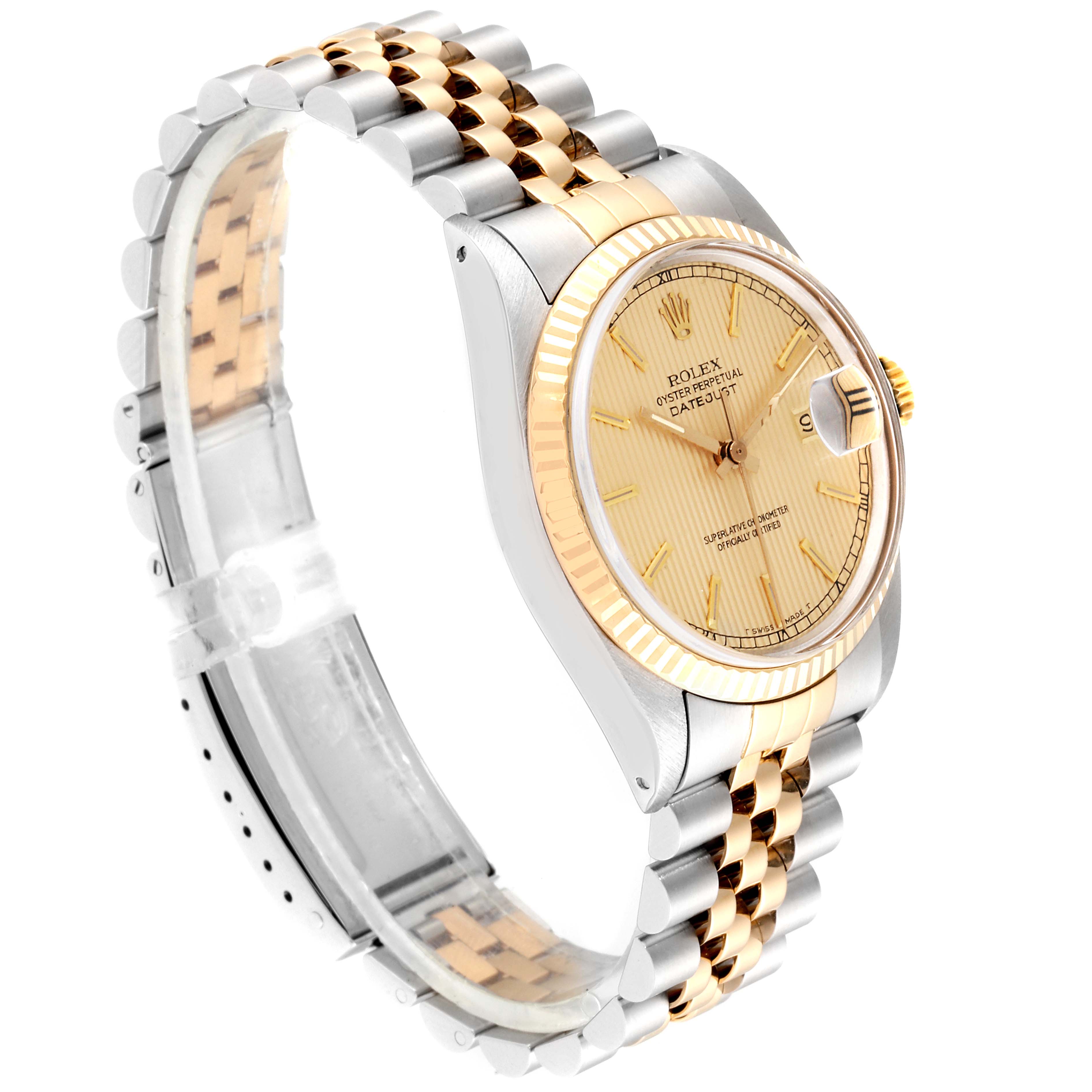 This image shows a side angle view of a Rolex Datejust 16013 Men's Steel and Gold (two tone) Champagne Dial 16013 Men's Steel and Gold (two tone) Champagne Dial watch, highlighting the face, bezel, and bracelet.