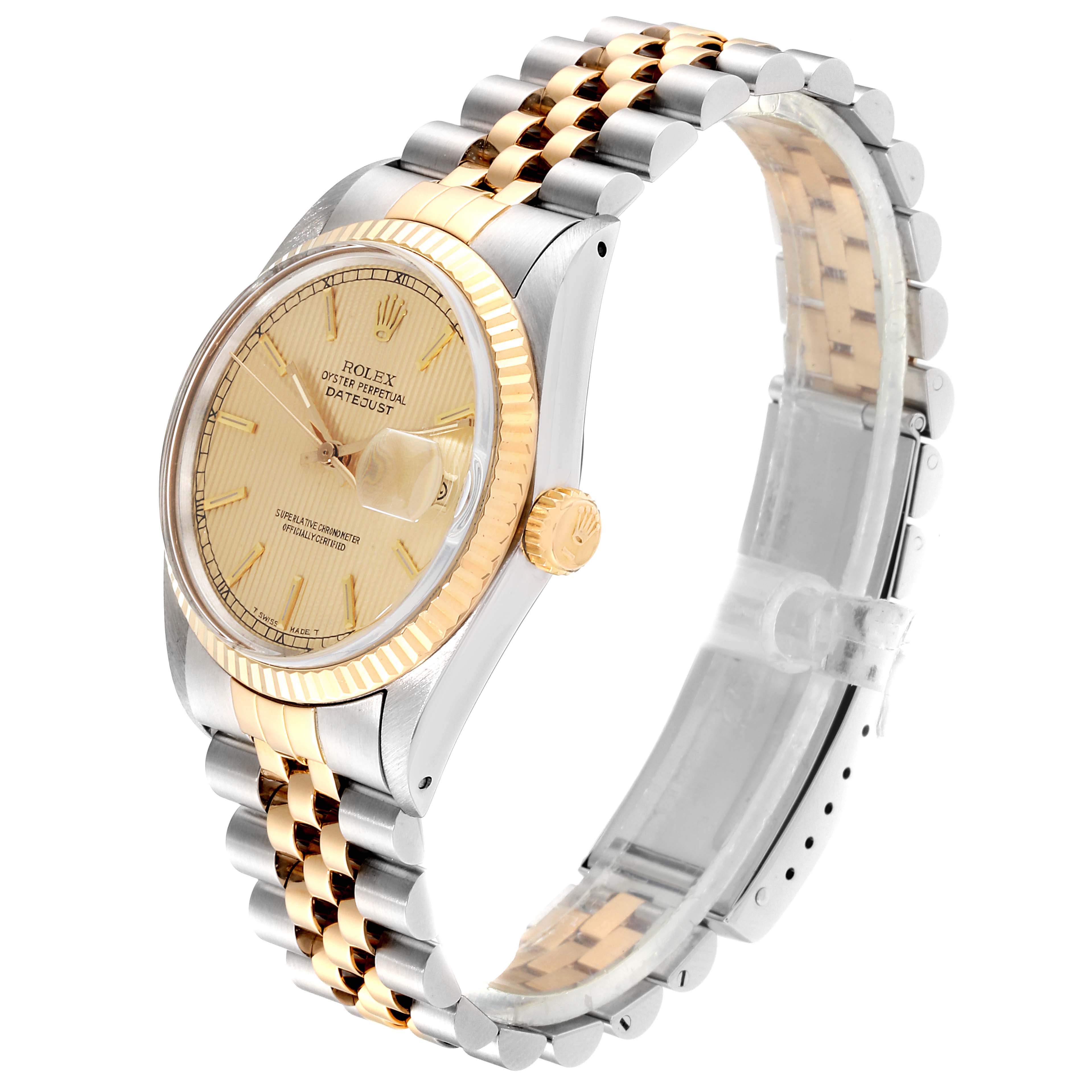 The Rolex Datejust 16013 Men's Steel and Gold (two tone) Champagne Dial 16013 Men's Steel and Gold (two tone) Champagne Dial watch is shown from an angled side view, highlighting the dial, case, and two-tone bracelet.