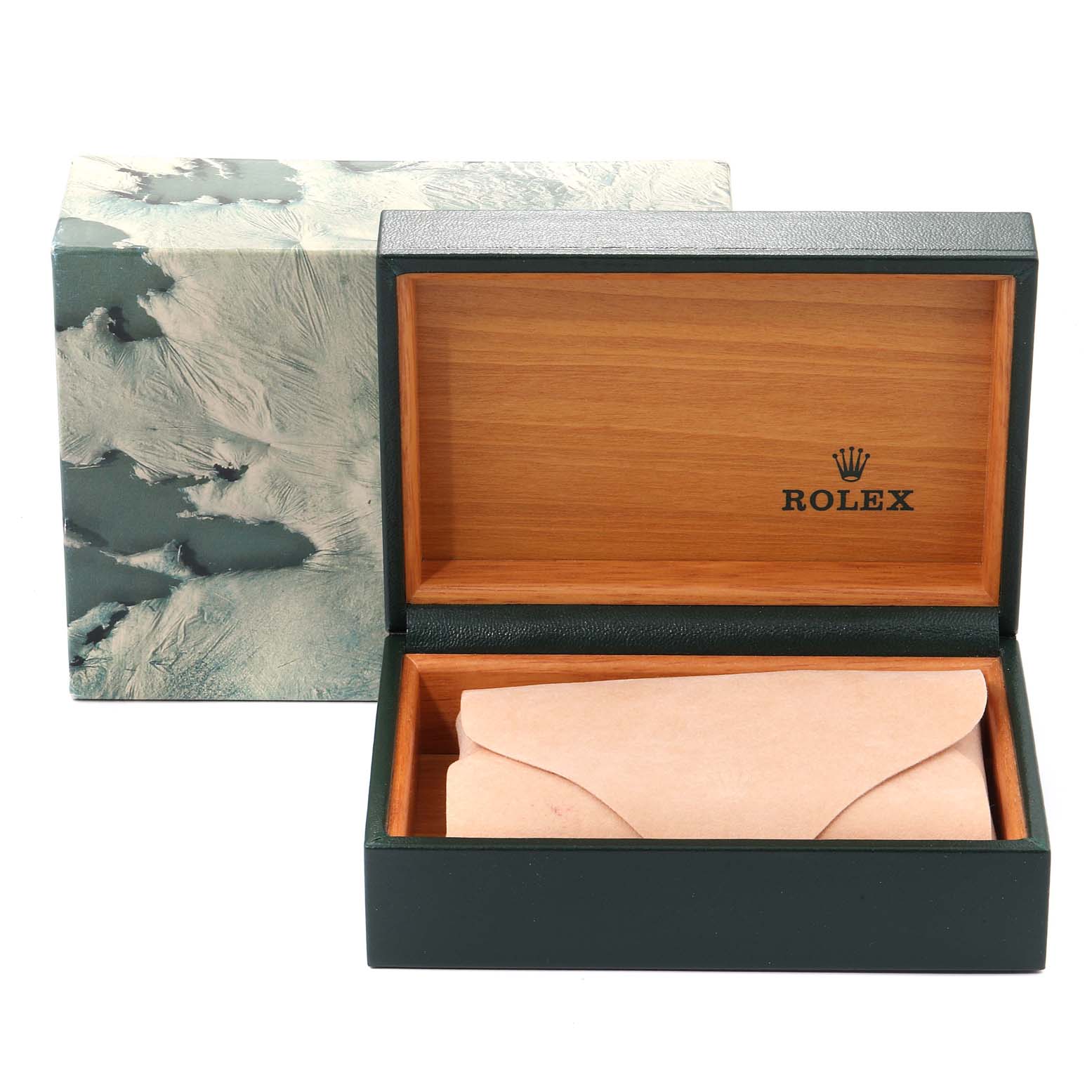 The image shows an open Rolex Datejust 16013 Men
s Steel and Gold (two tone) Champagne Dial 16013 Men
s Steel and Gold (two tone) Champagne Dial watch box with inner wooden lining and a protective leather pouch inside.