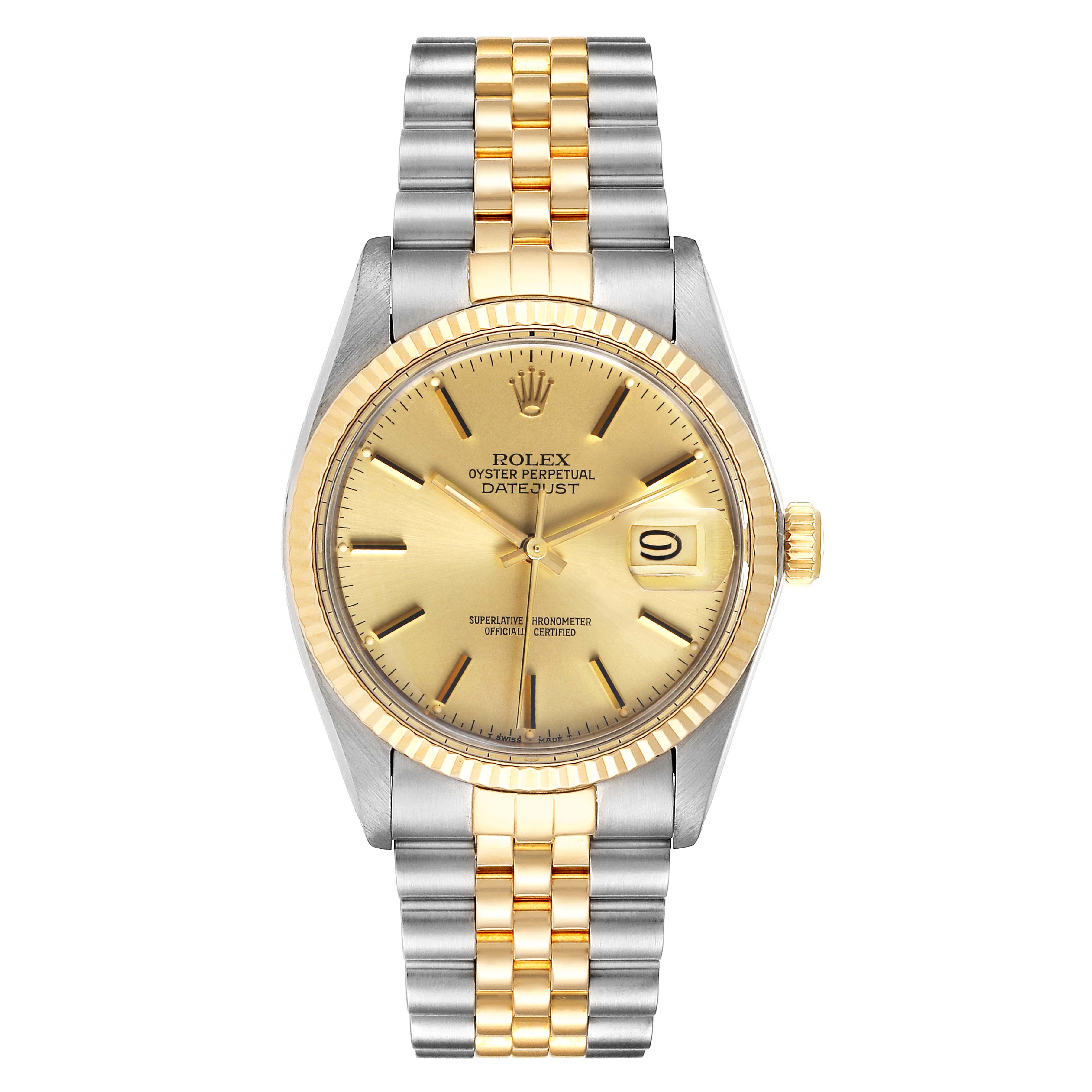 The image shows a front view of a Rolex Datejust 16013 Men
s Steel and Gold (two tone) Champagne Dial 16013 Men
s Steel and Gold (two tone) Champagne Dial watch displaying its dial, case, and two-tone bracelet.
