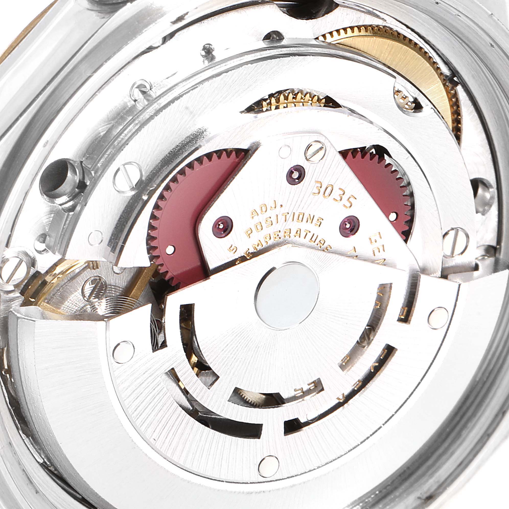 This image shows a close-up view of the Datejust model by Rolex, specifically focusing on the internal movement mechanism.