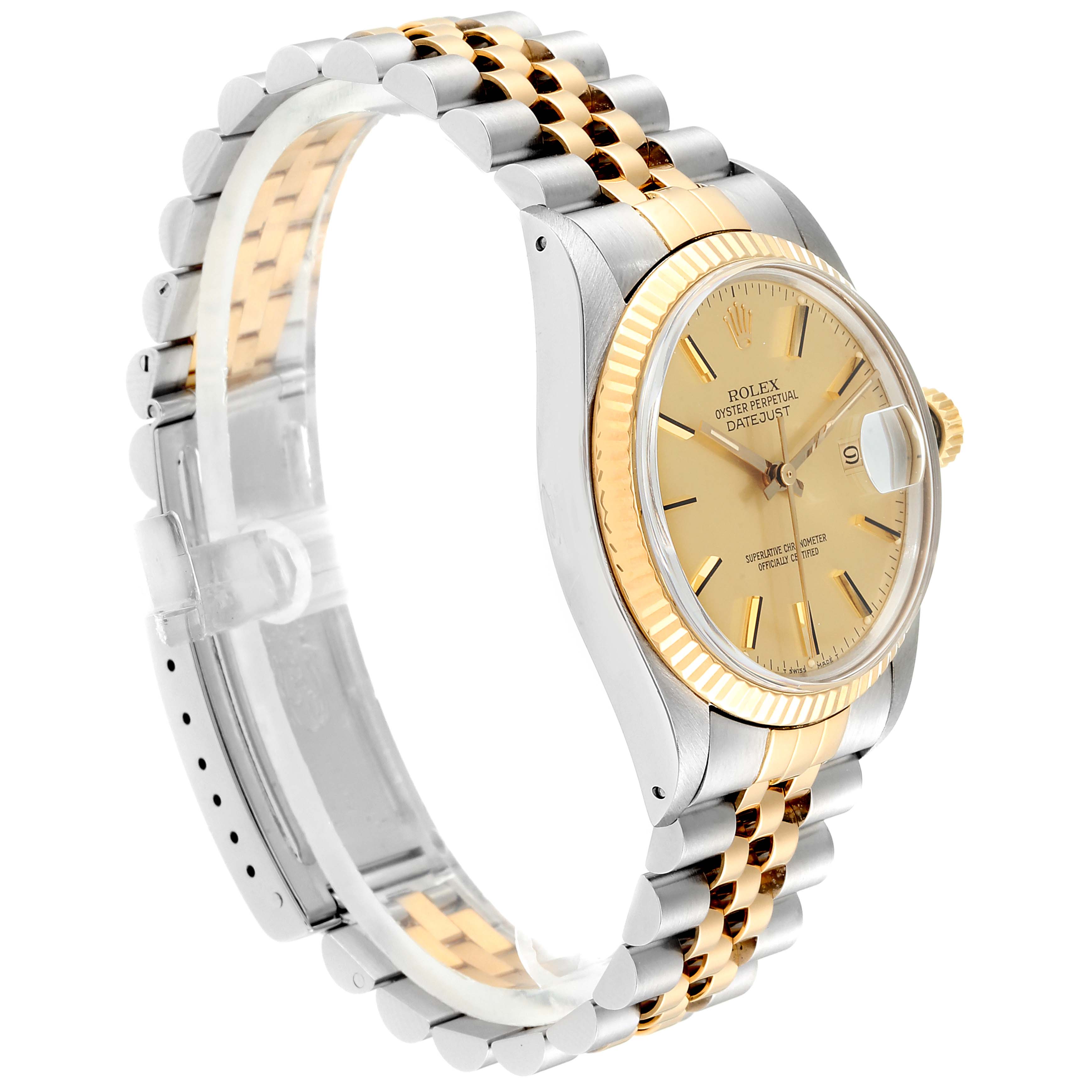 The image shows a side angle of the Rolex Datejust 16013 Men
s Steel and Gold (two tone) Champagne Dial 16013 Men
s Steel and Gold (two tone) Champagne Dial watch, highlighting the gold bezel, dial, and two-tone bracelet.