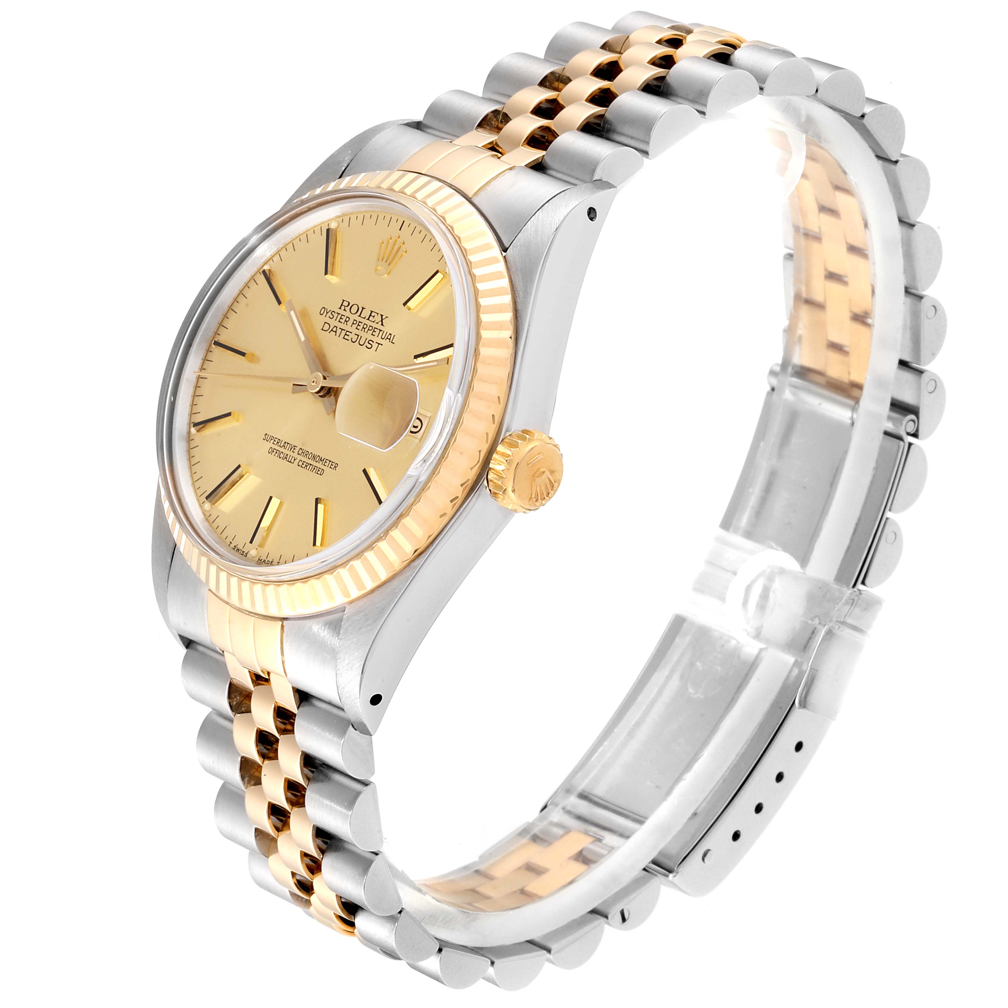 The Rolex Datejust 16013 Men
s Steel and Gold (two tone) Champagne Dial 16013 Men
s Steel and Gold (two tone) Champagne Dial watch is shown at a slight angle, highlighting its gold-colored dial, fluted bezel, and two-tone bracelet.