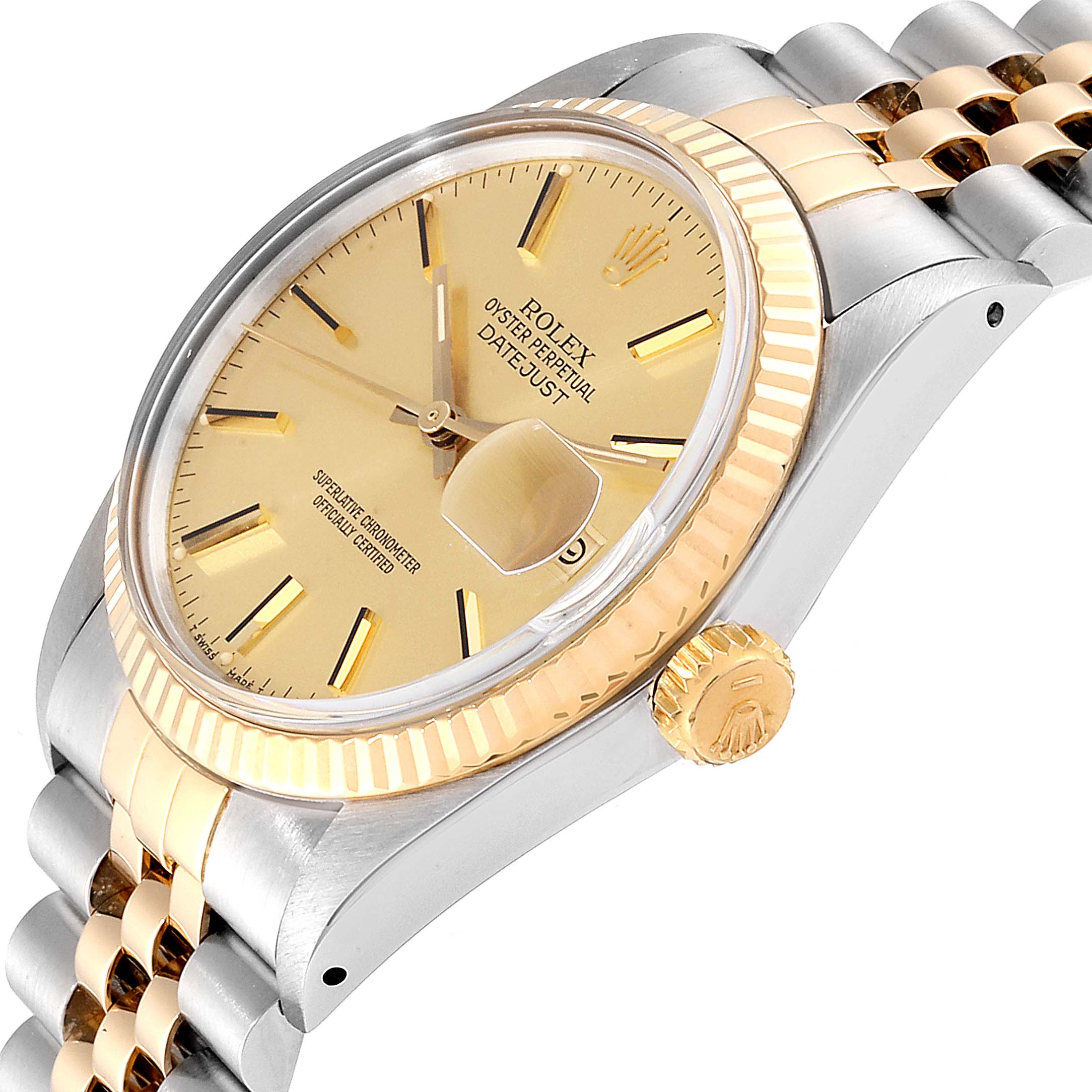 This image shows the dial, bezel, crown, and part of the bracelet of a Rolex Datejust 16013 Men
s Steel and Gold (two tone) Champagne Dial 16013 Men
s Steel and Gold (two tone) Champagne Dial watch at a slight angle.