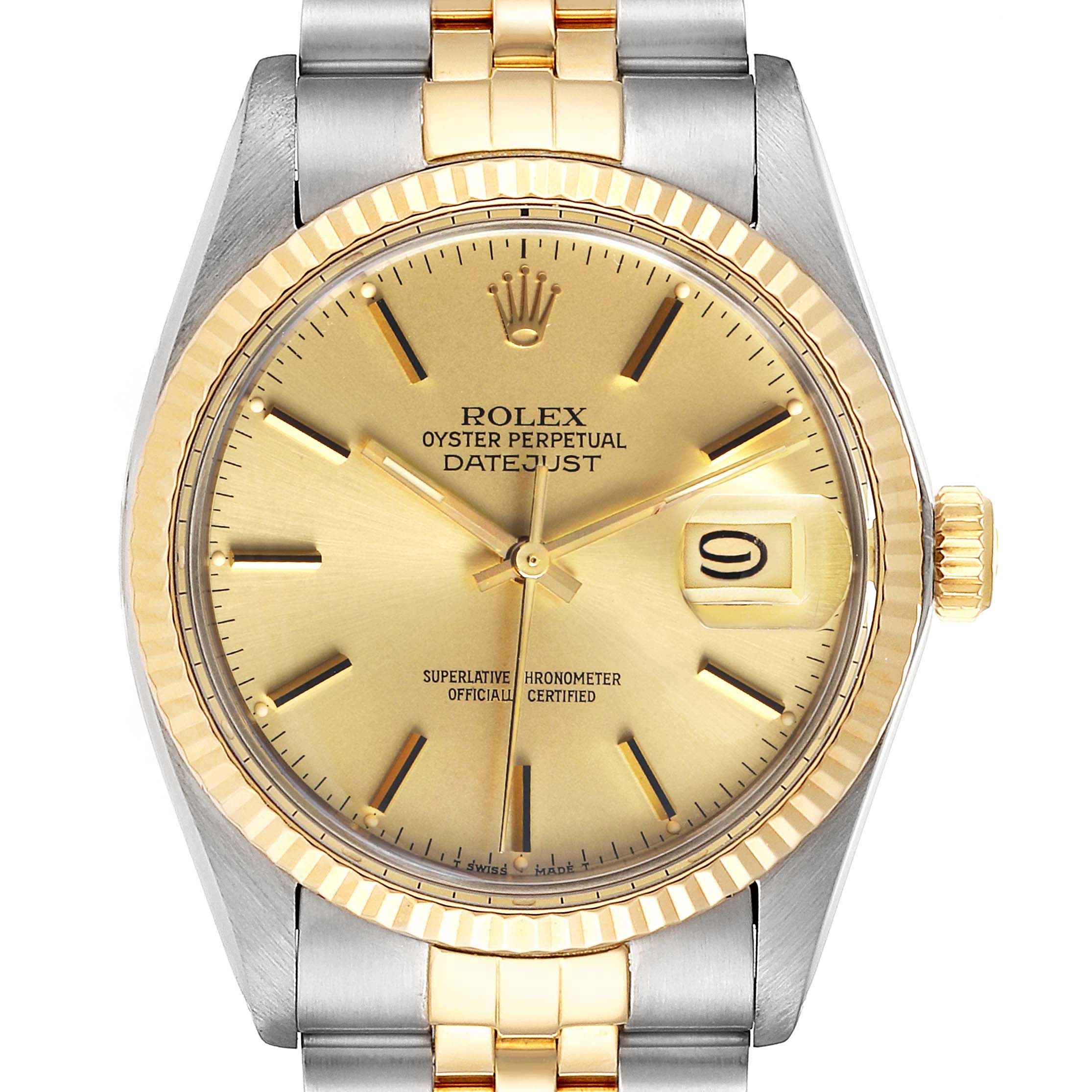 This image shows a front view of a Rolex Datejust 16013 Men
s Steel and Gold (two tone) Champagne Dial 16013 Men
s Steel and Gold (two tone) Champagne Dial watch, highlighting its gold dial, fluted bezel, and two-tone bracelet.
