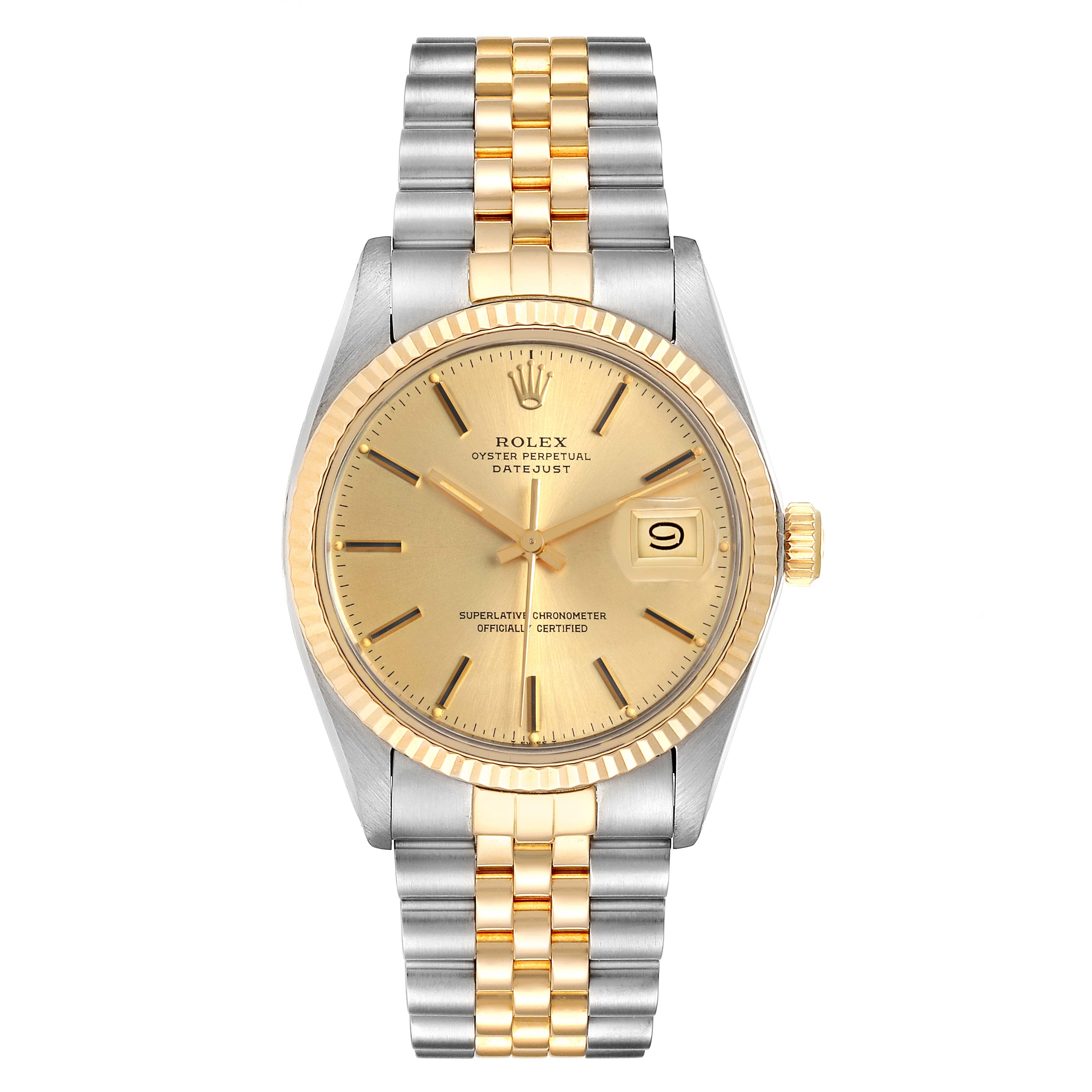 This is a frontal view of the Rolex Vintage Collection 16013 Men
s Steel and Gold (two tone) Champagne Dial 16013 Men
s Steel and Gold (two tone) Champagne Dial Datejust watch, showing its face and two-tone bracelet.