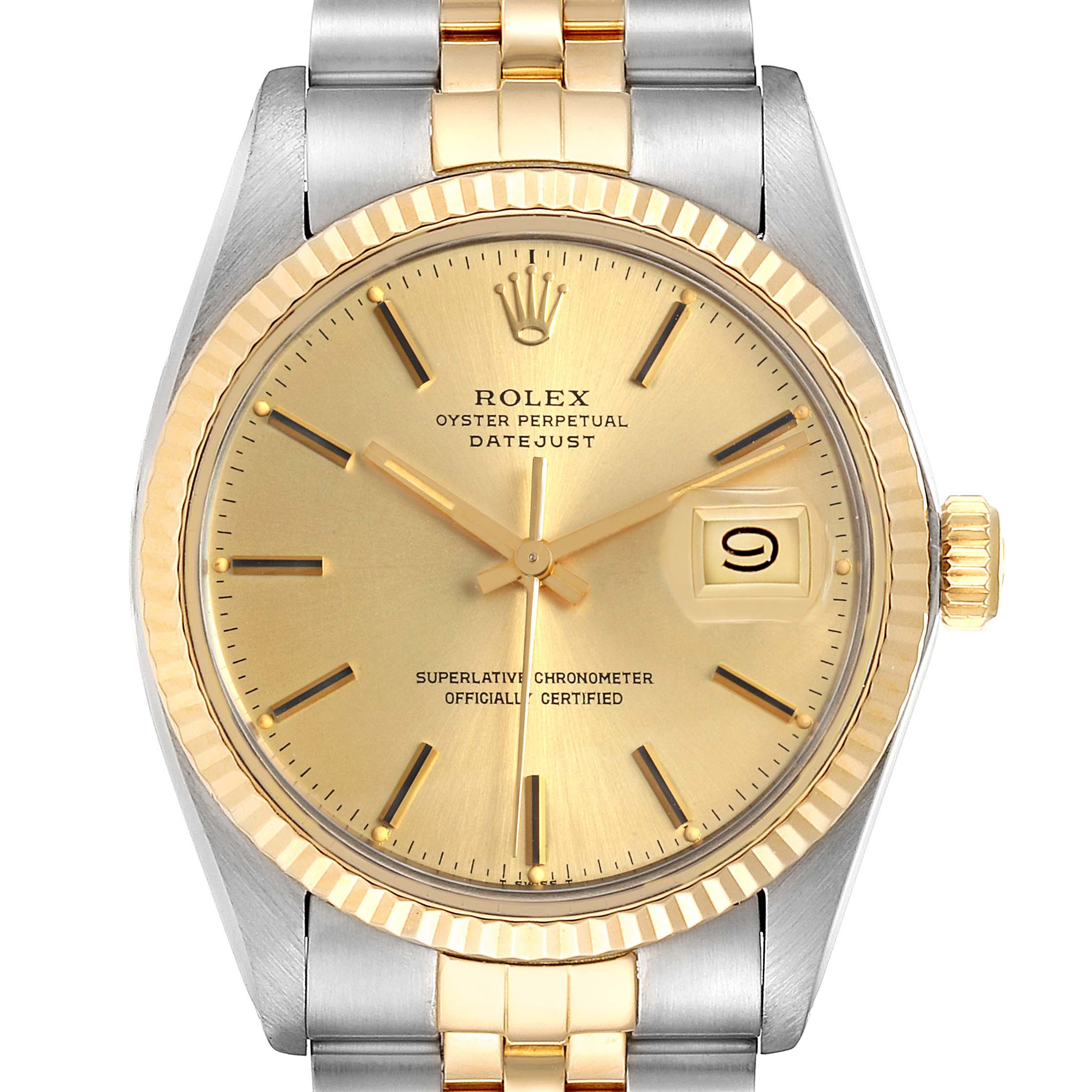 This image shows the front view of a Rolex Vintage Collection 16013 Men
s Steel and Gold (two tone) Champagne Dial 16013 Men
s Steel and Gold (two tone) Champagne Dial Datejust watch, displaying its dial, bezel, crown, and two-tone bracelet.