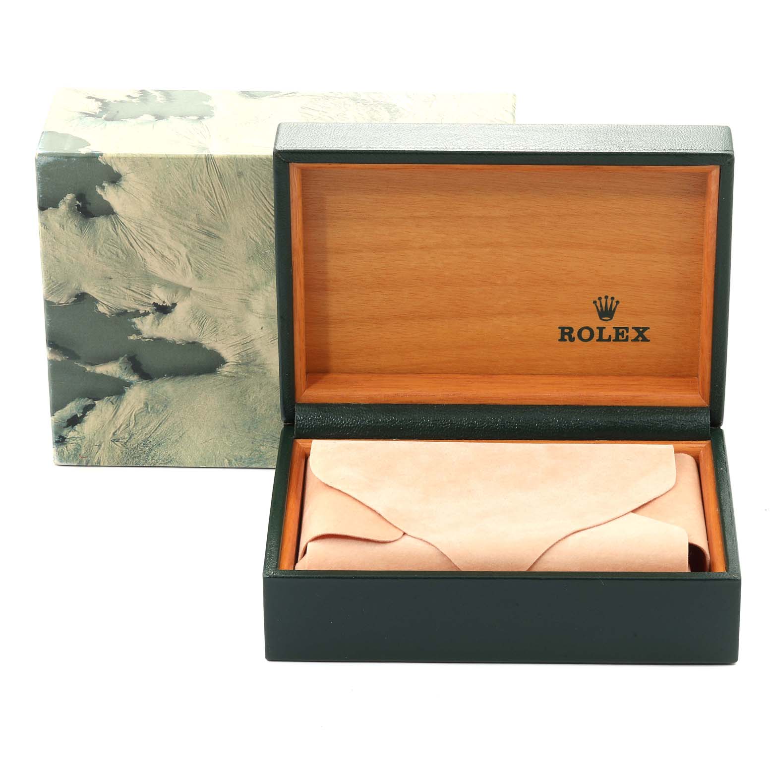 This image shows the open inner and outer boxes for a Rolex Vintage Collection 16013 Men
s Steel and Gold (two tone) Champagne Dial 16013 Men
s Steel and Gold (two tone) Champagne Dial watch, revealing a protective pouch inside.