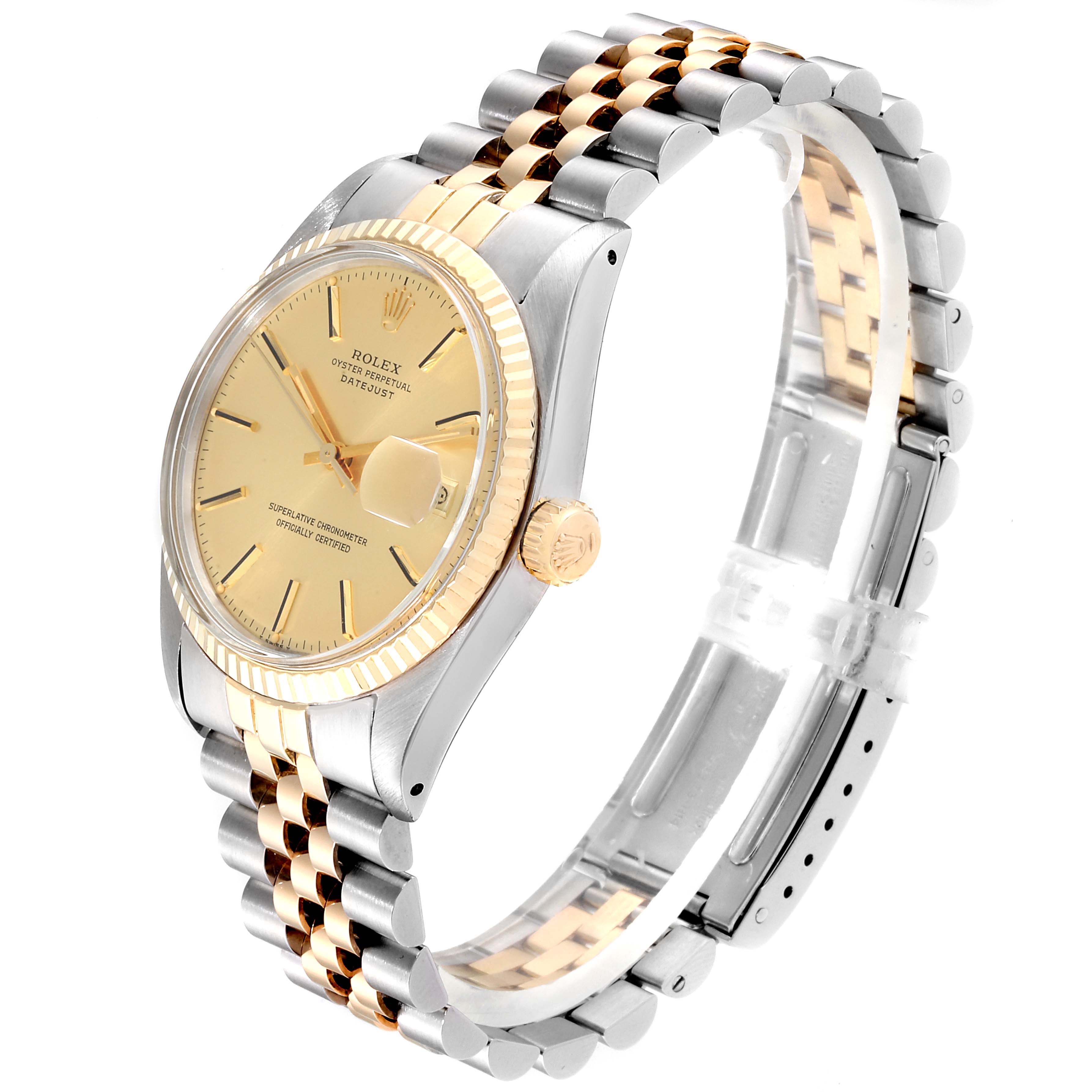 The image shows a side angle of a Rolex Vintage Collection 16013 Men
s Steel and Gold (two tone) Champagne Dial 16013 Men
s Steel and Gold (two tone) Champagne Dial watch, highlighting the dial, bezel, and two-tone bracelet.