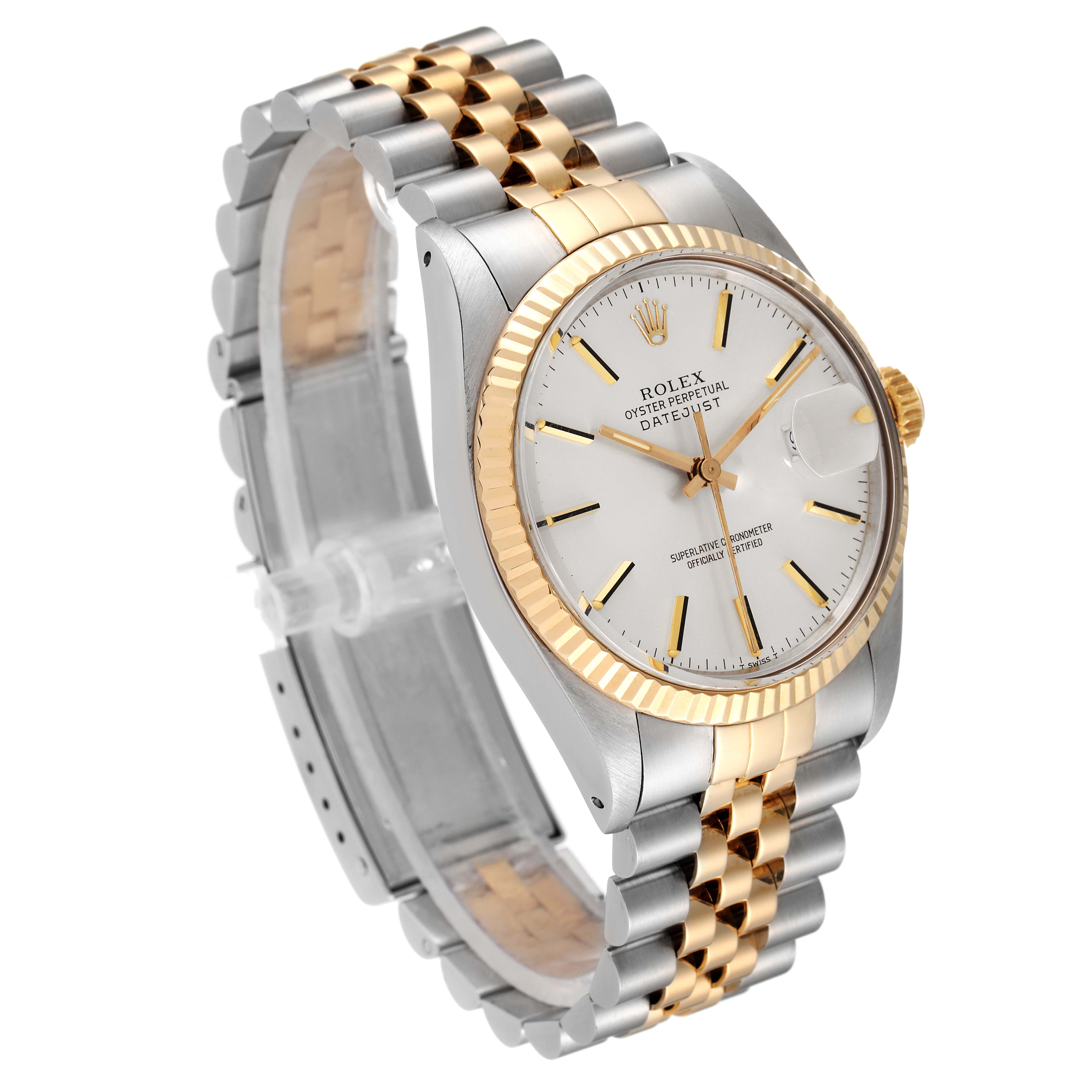 The image shows a Rolex Vintage Collection 16013 Men's Steel and Gold (two tone) Silver Dial 16013 Men's Steel and Gold (two tone) Silver Dial watch at a tilted angle, displaying the face, bezel, and two-tone bracelet.