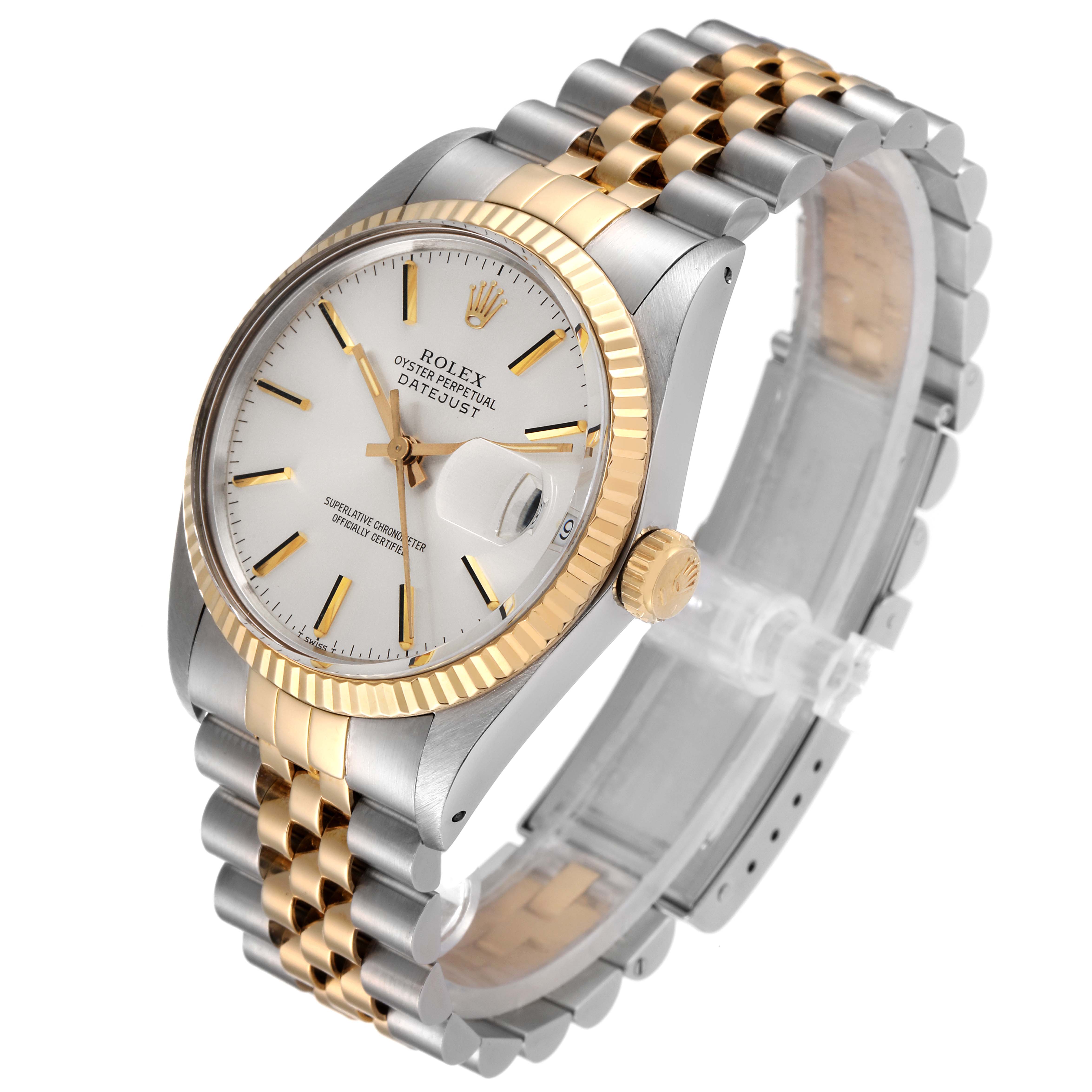 The Rolex Vintage Collection 16013 Men's Steel and Gold (two tone) Silver Dial 16013 Men's Steel and Gold (two tone) Silver Dial model watch is shown at a slight side angle, displaying its metal band, dial, and crown.